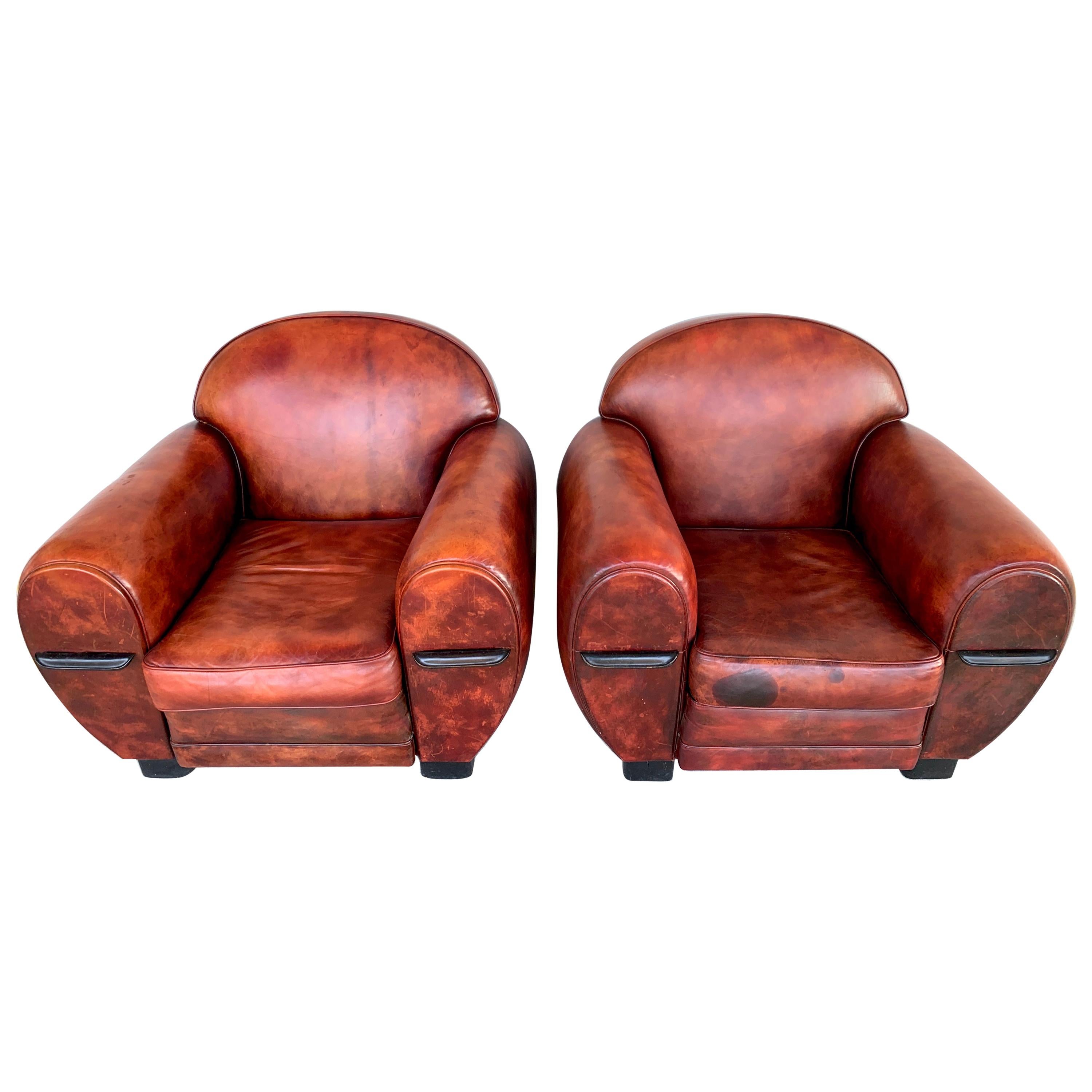 Pair of French Art Deco Leather Club Chairs For Sale