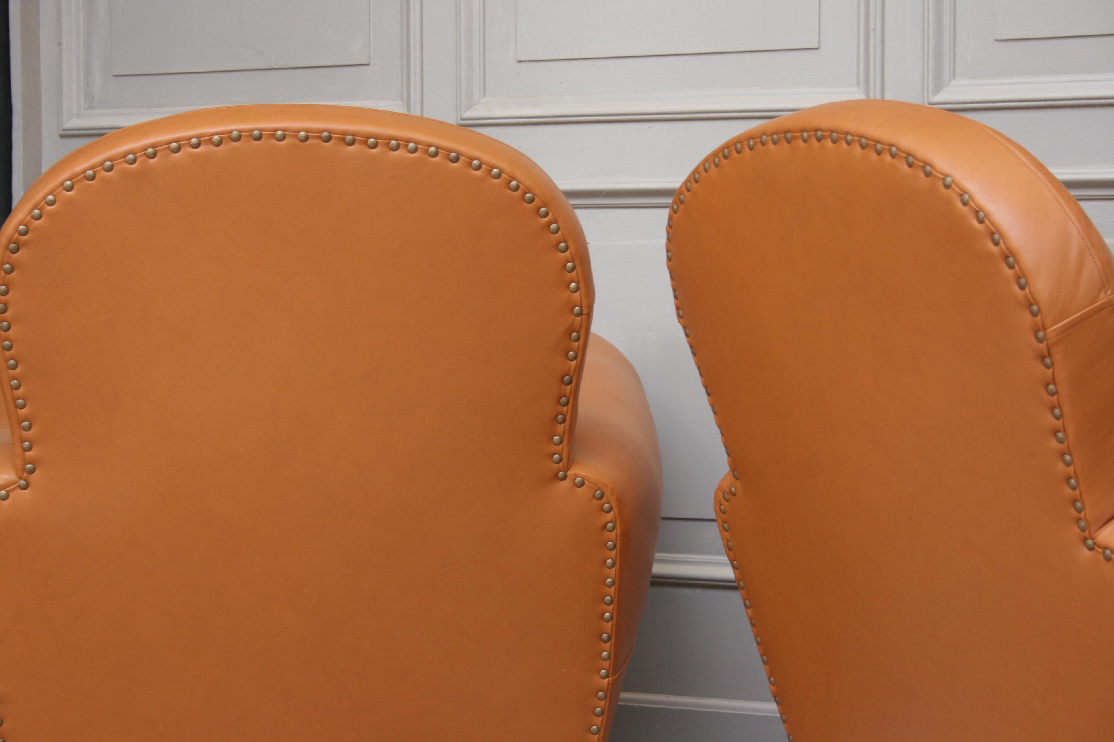 Pair of French Art Deco Leather Club Chairs, New Upholstery 8