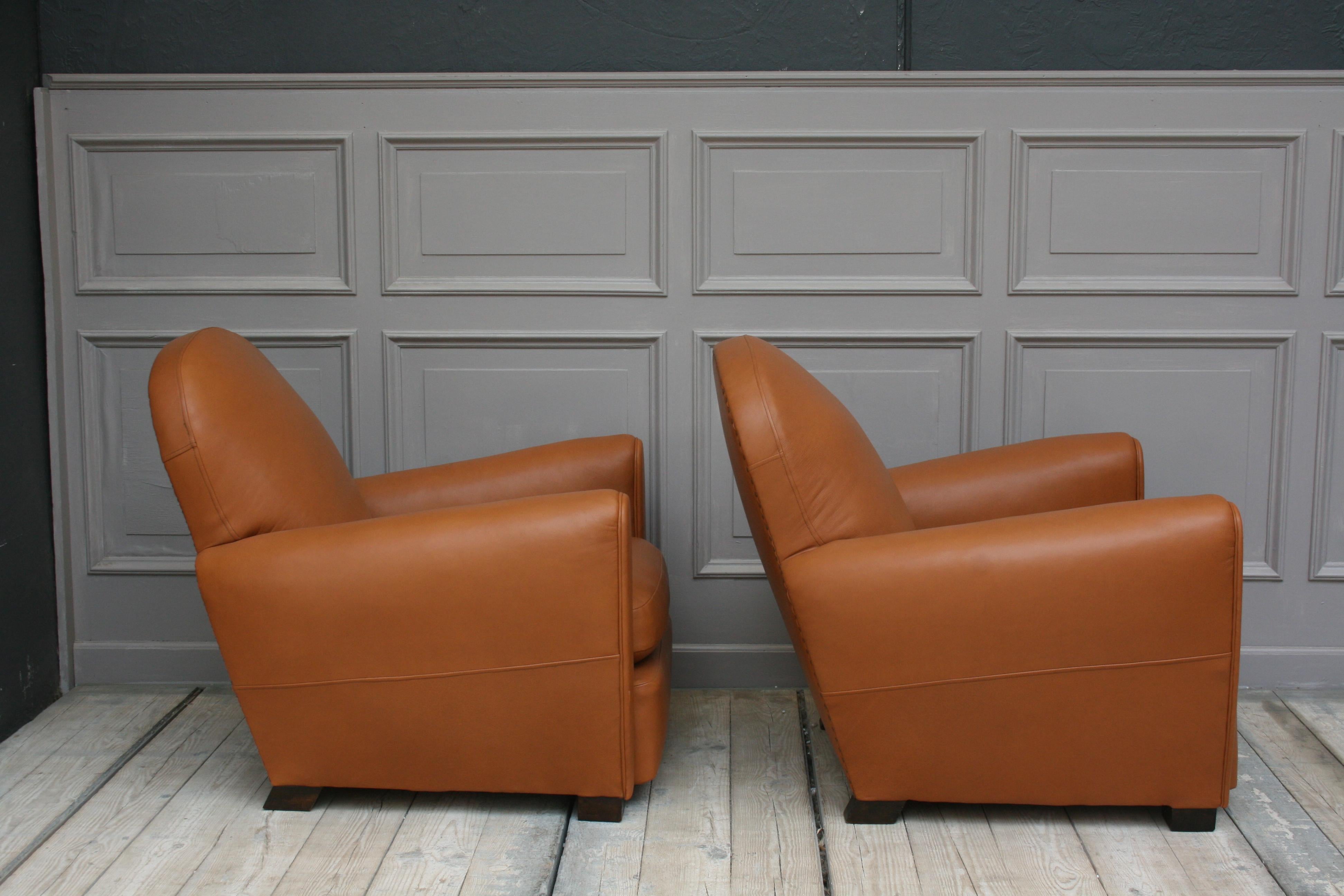 20th Century Pair of French Art Deco Leather Club Chairs, New Upholstery