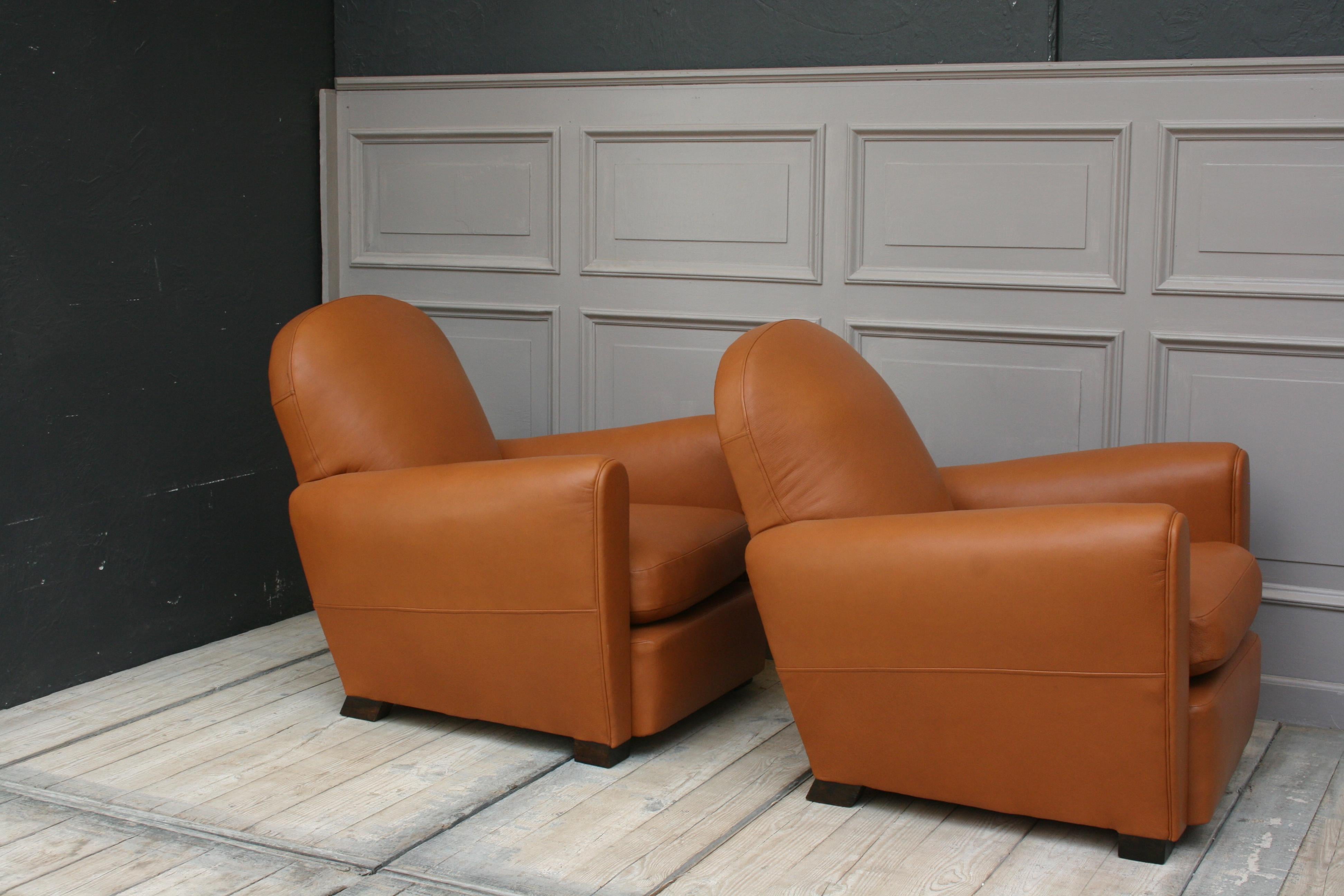Pair of French Art Deco Leather Club Chairs, New Upholstery 1