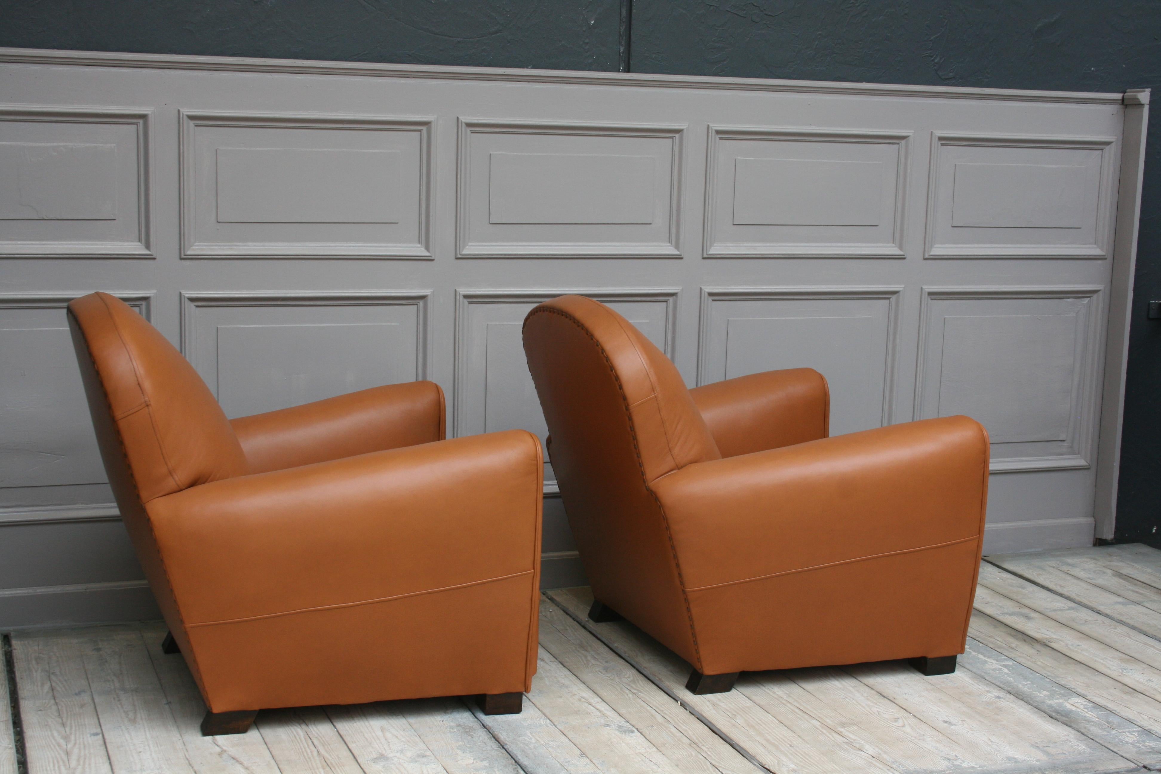 Pair of French Art Deco Leather Club Chairs, New Upholstery 2