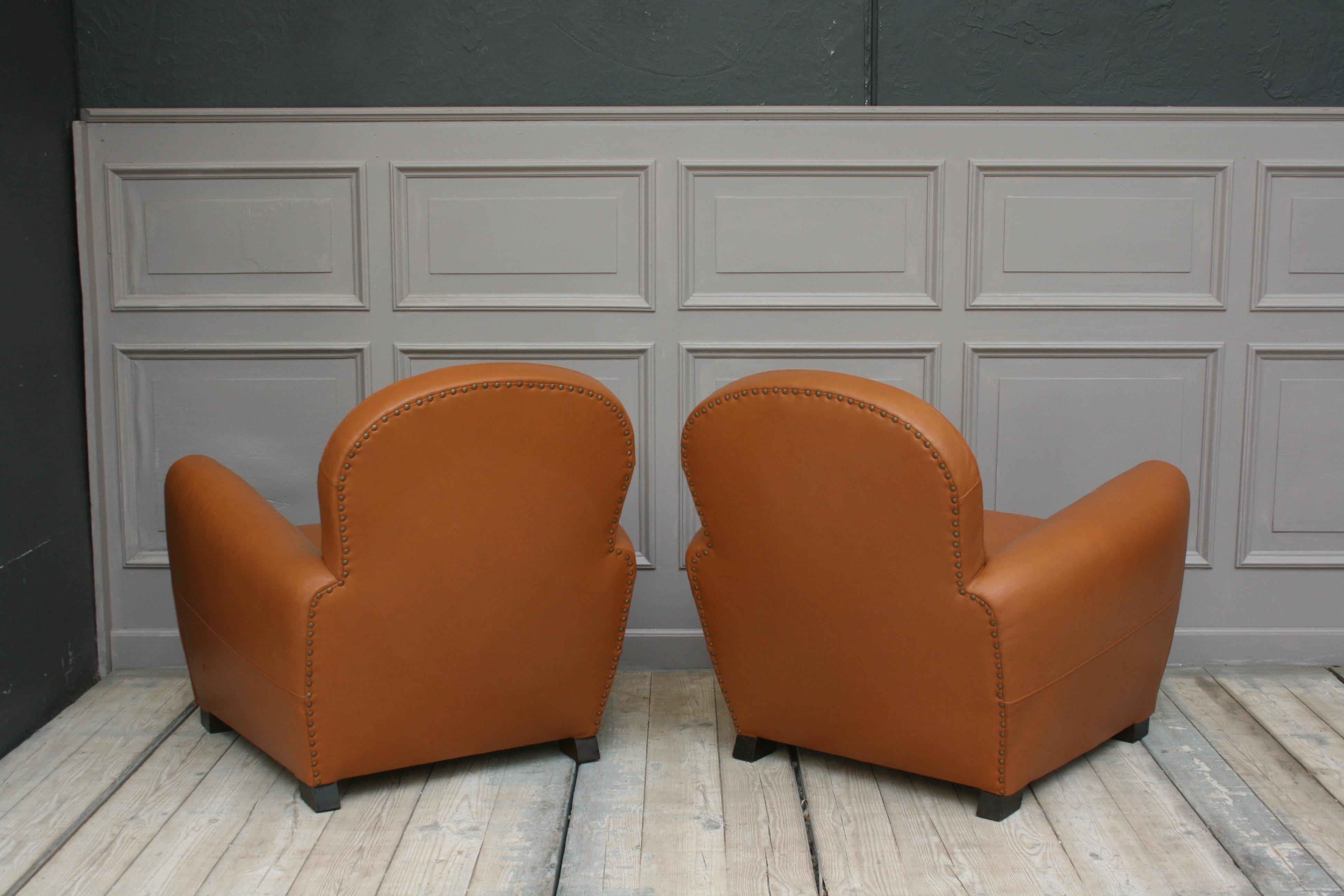 Pair of French Art Deco Leather Club Chairs, New Upholstery 4