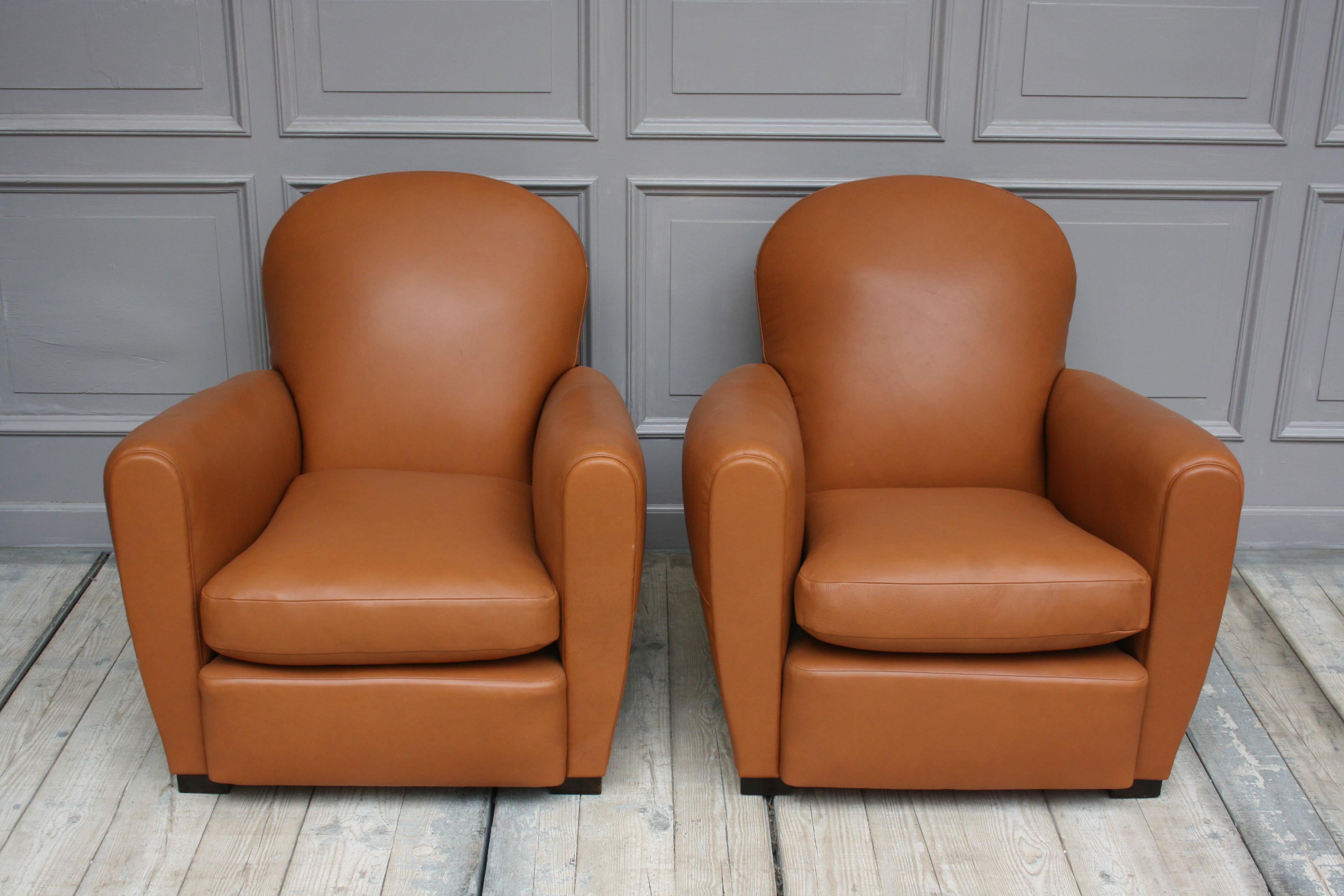 Pair of French Art Deco Leather Club Chairs, New Upholstery 5