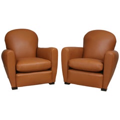 Pair of French Art Deco Leather Club Chairs, New Upholstery