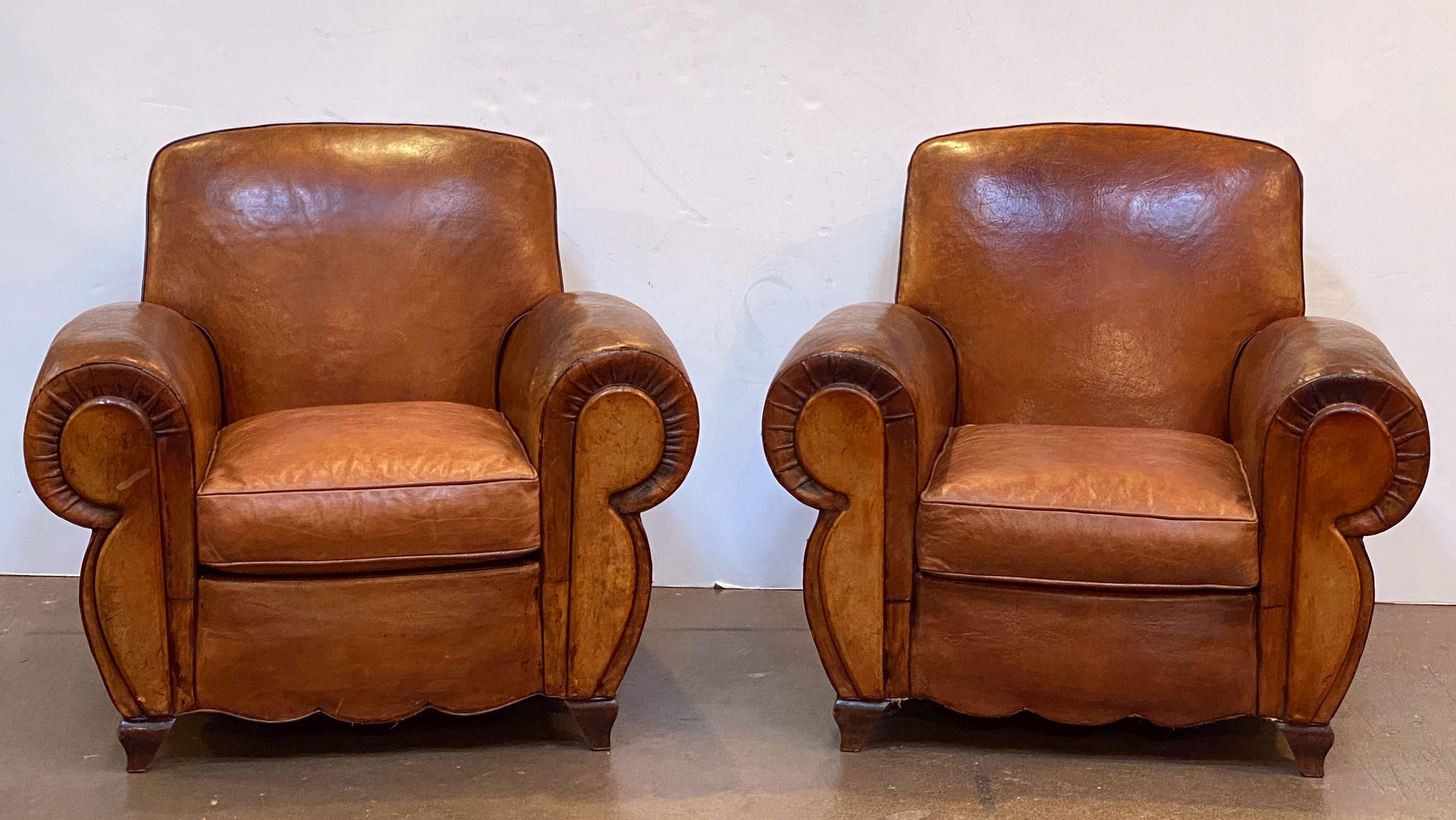 Pair of French Art Deco Leather Club Chairs 'Priced Individually' In Good Condition In Austin, TX