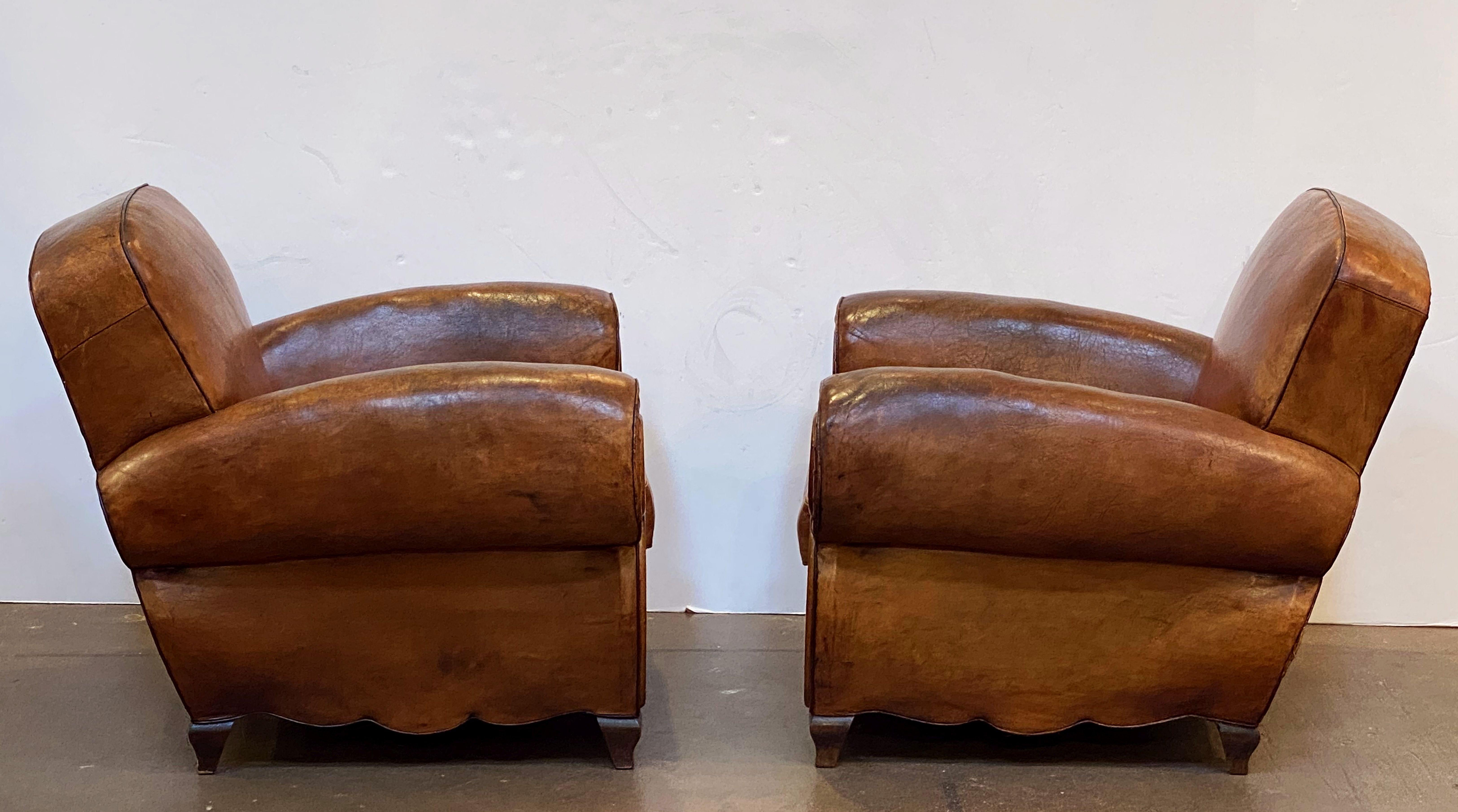 Pair of French Art Deco Leather Club Chairs 'Priced Individually' im Zustand „Gut“ in Austin, TX