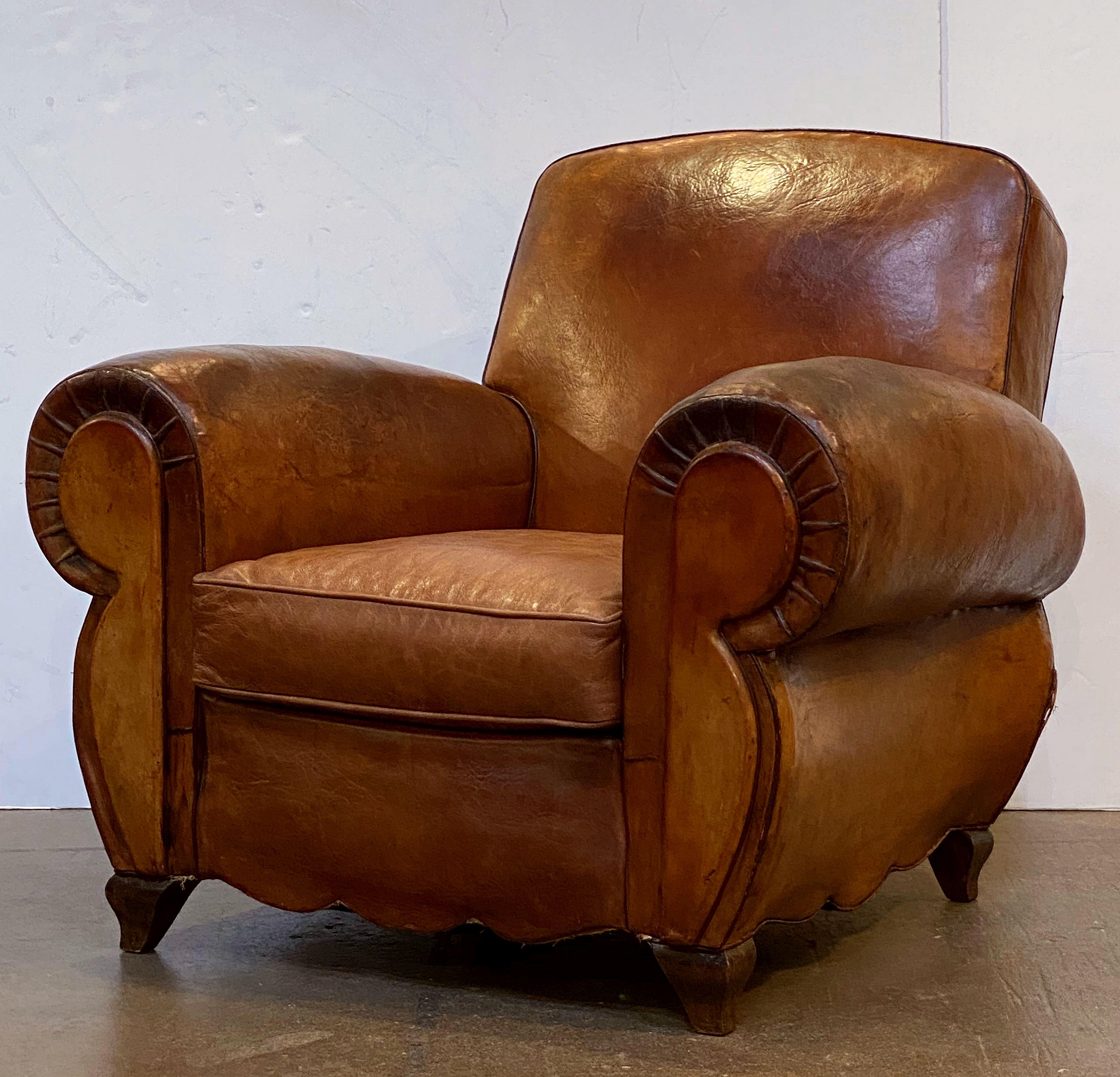 Metal Pair of French Art Deco Leather Club Chairs 'Priced Individually'