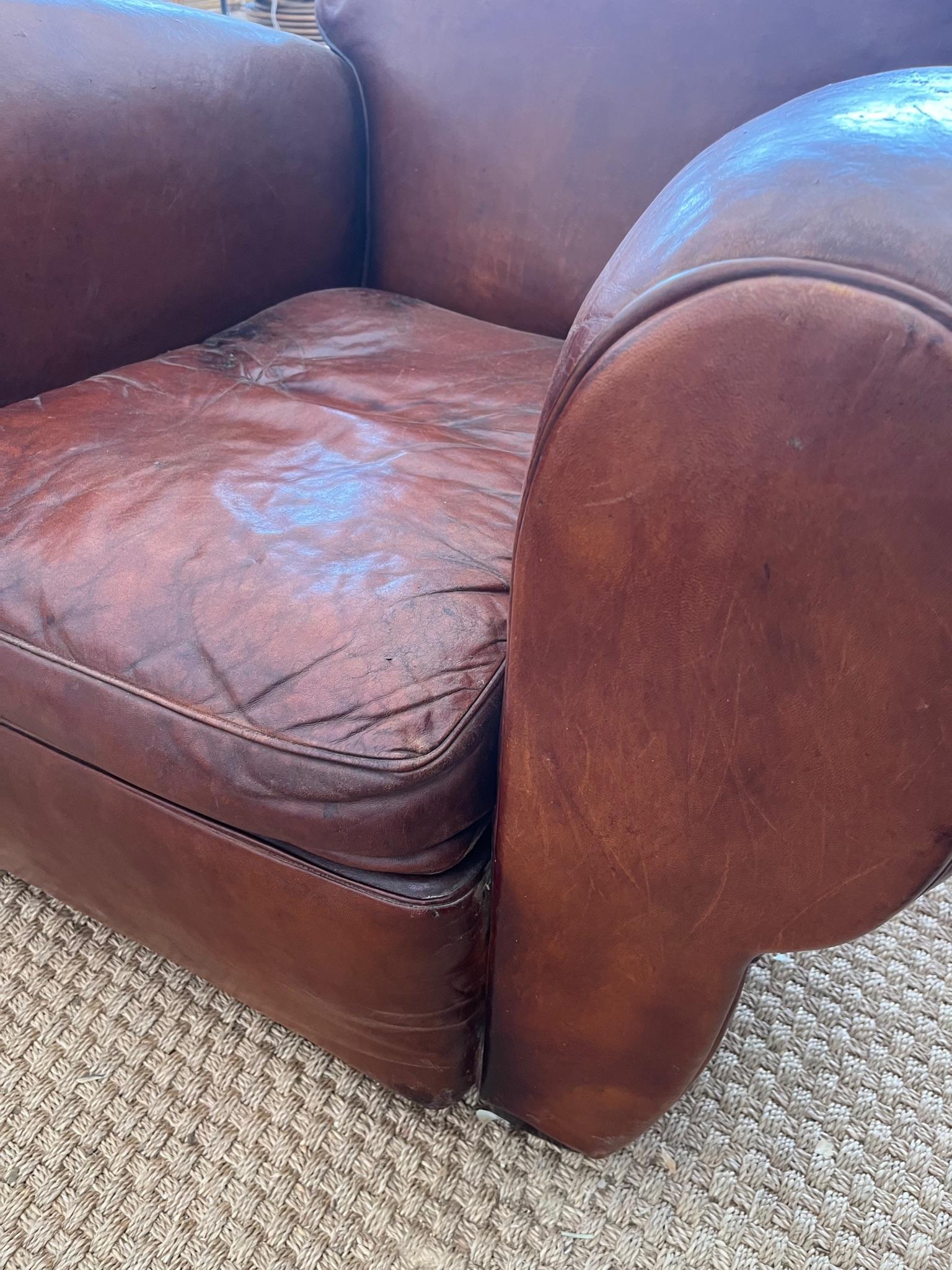 Pair of French Art Deco Leather Moustache Back Lounge Chairs In Good Condition For Sale In Wichita, KS