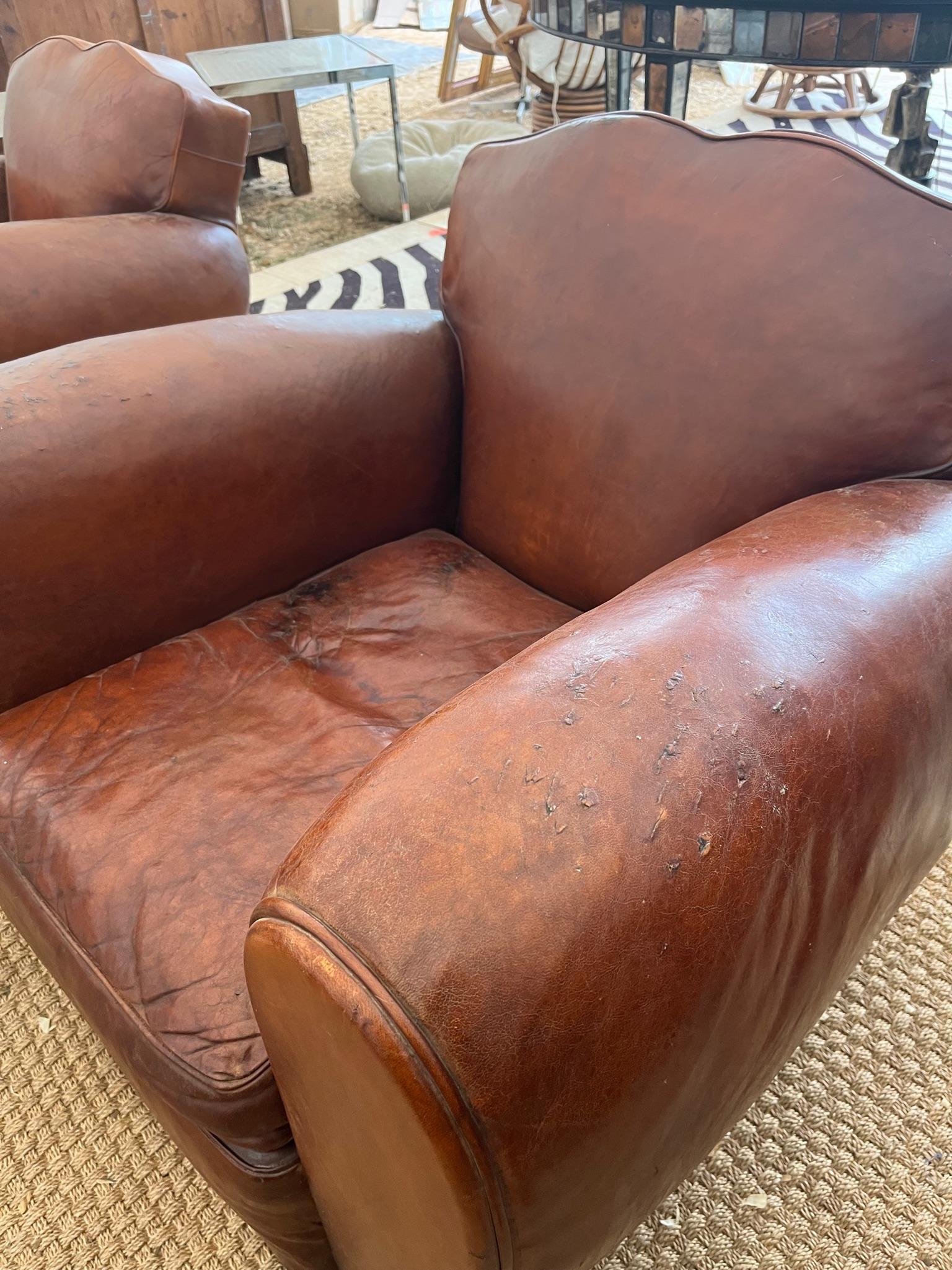 Pair of French Art Deco Leather Moustache Back Lounge Chairs For Sale 1