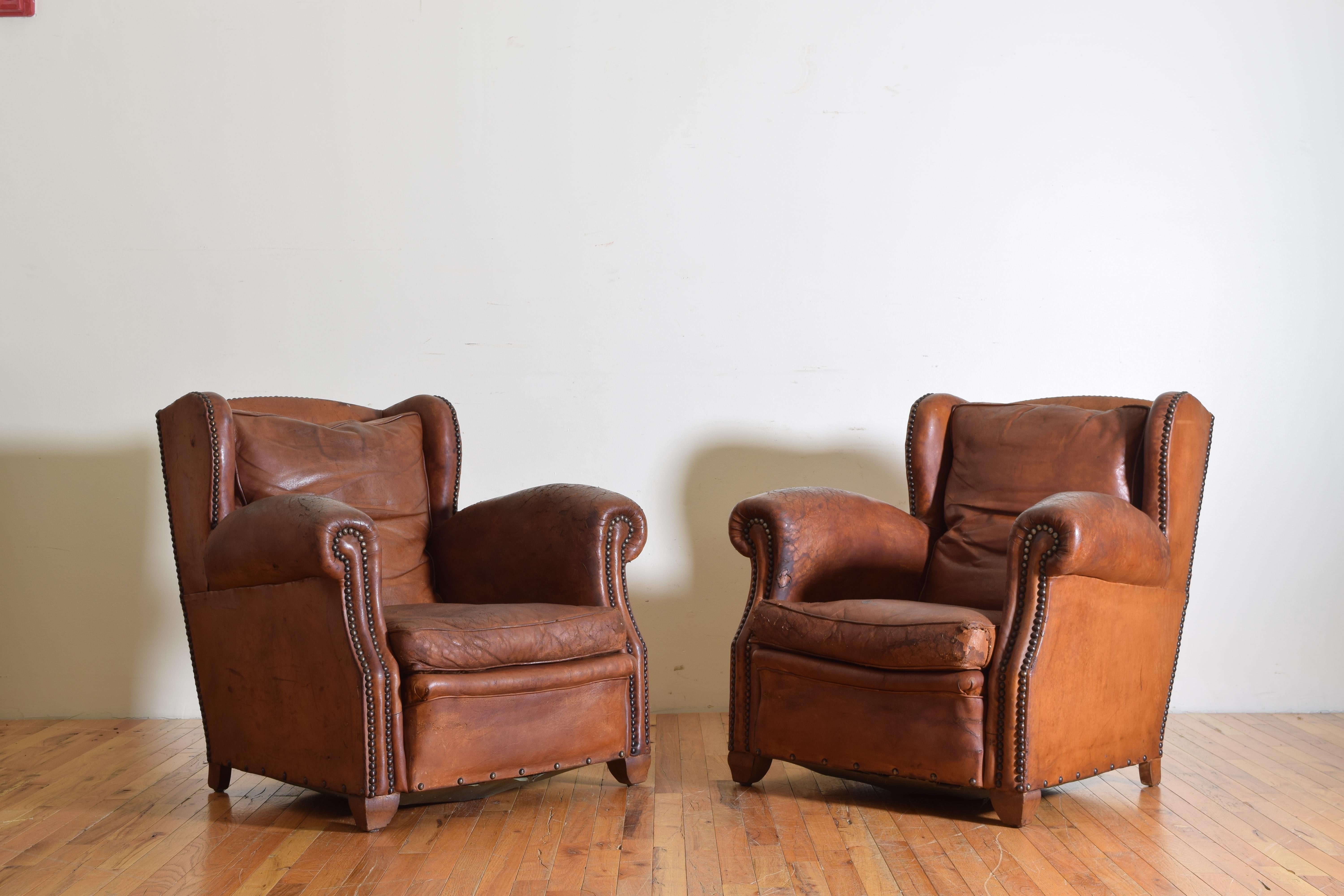 Pair of French Art Deco Leather Upholstered Club Chairs, 20th Century In Fair Condition In Atlanta, GA