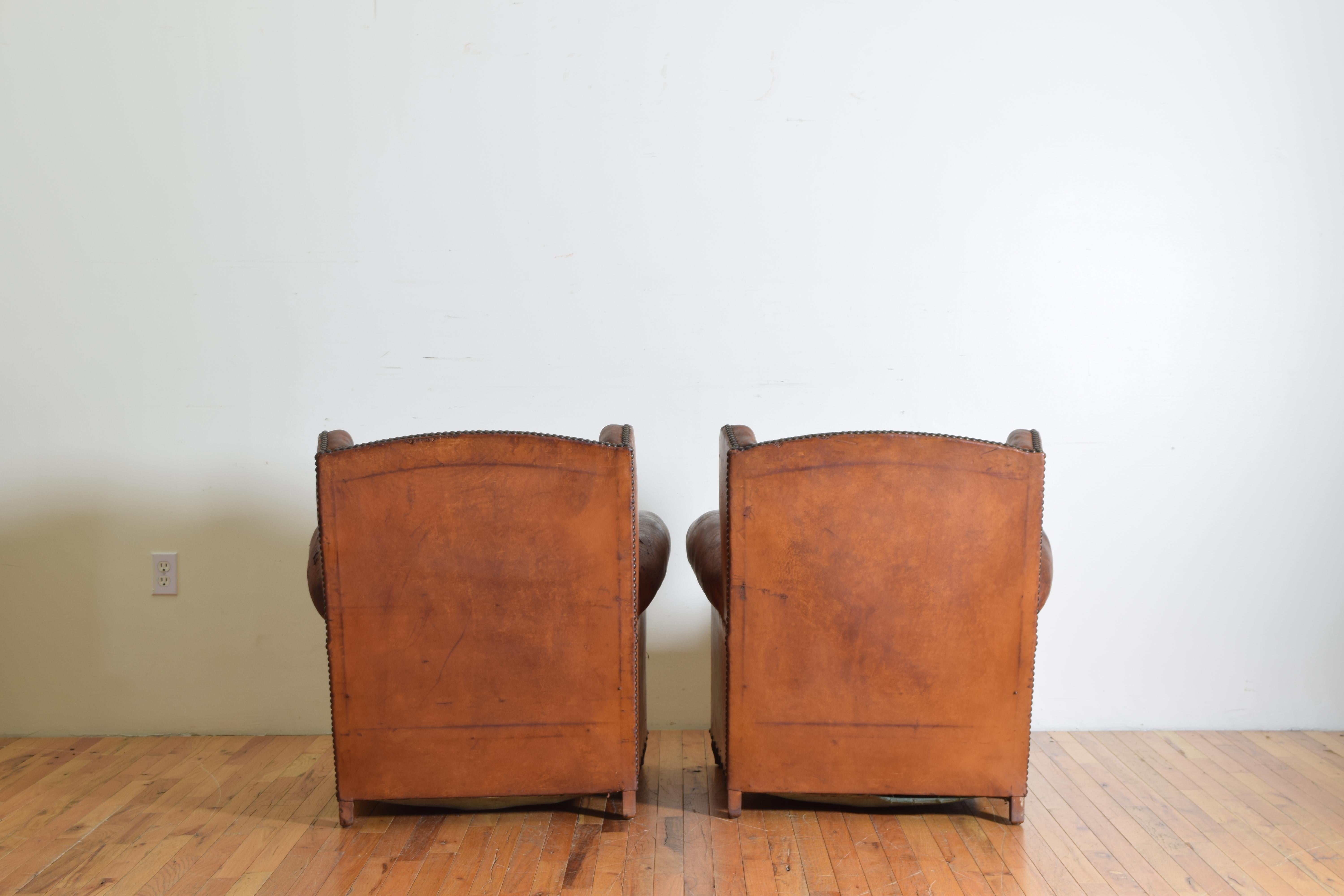 Pair of French Art Deco Leather Upholstered Club Chairs, 20th Century 2