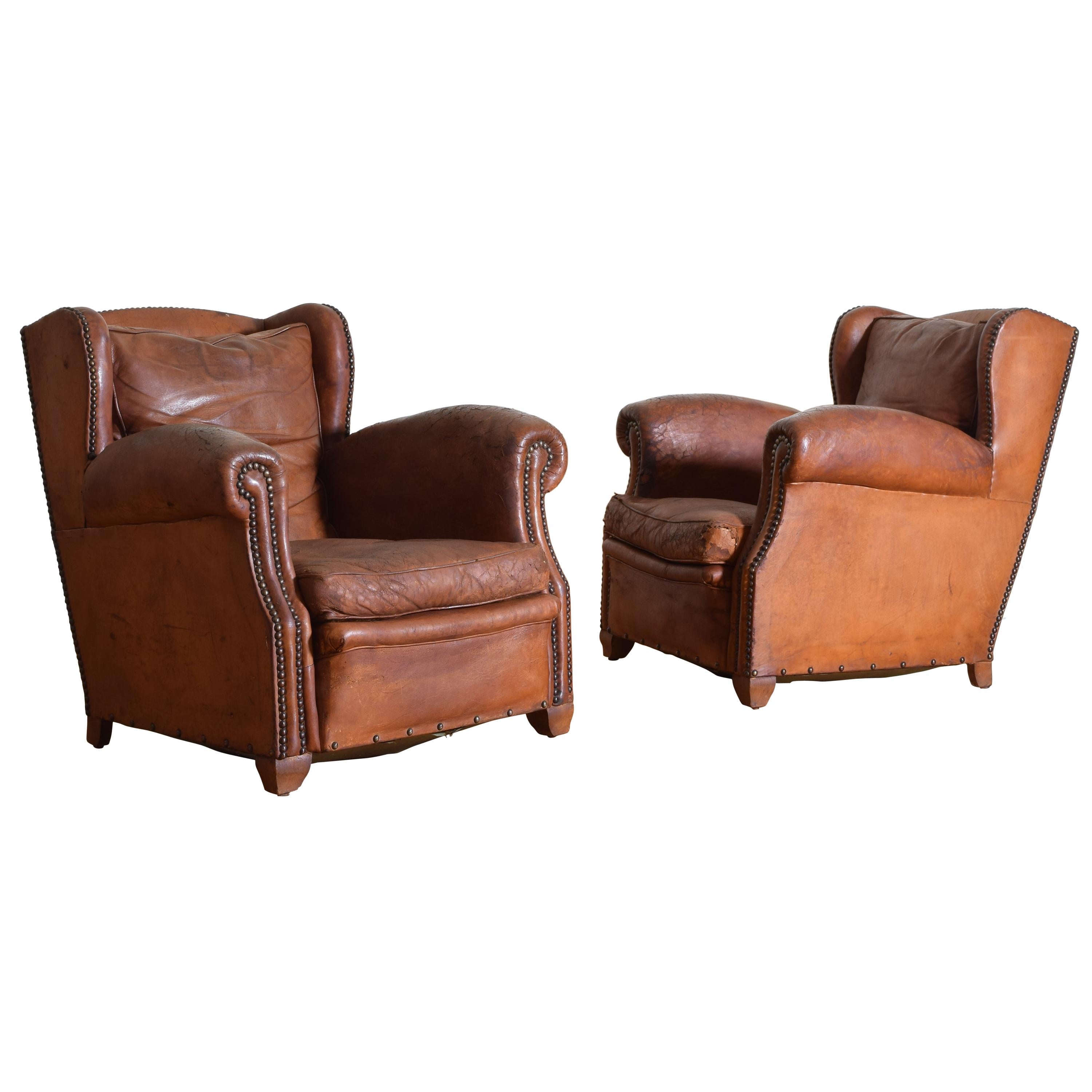 Pair of French Art Deco Leather Upholstered Club Chairs, 20th Century