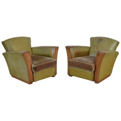 Vintage Pair of French Art Deco Light Green Leather Upholstered and Wooden Club Chairs