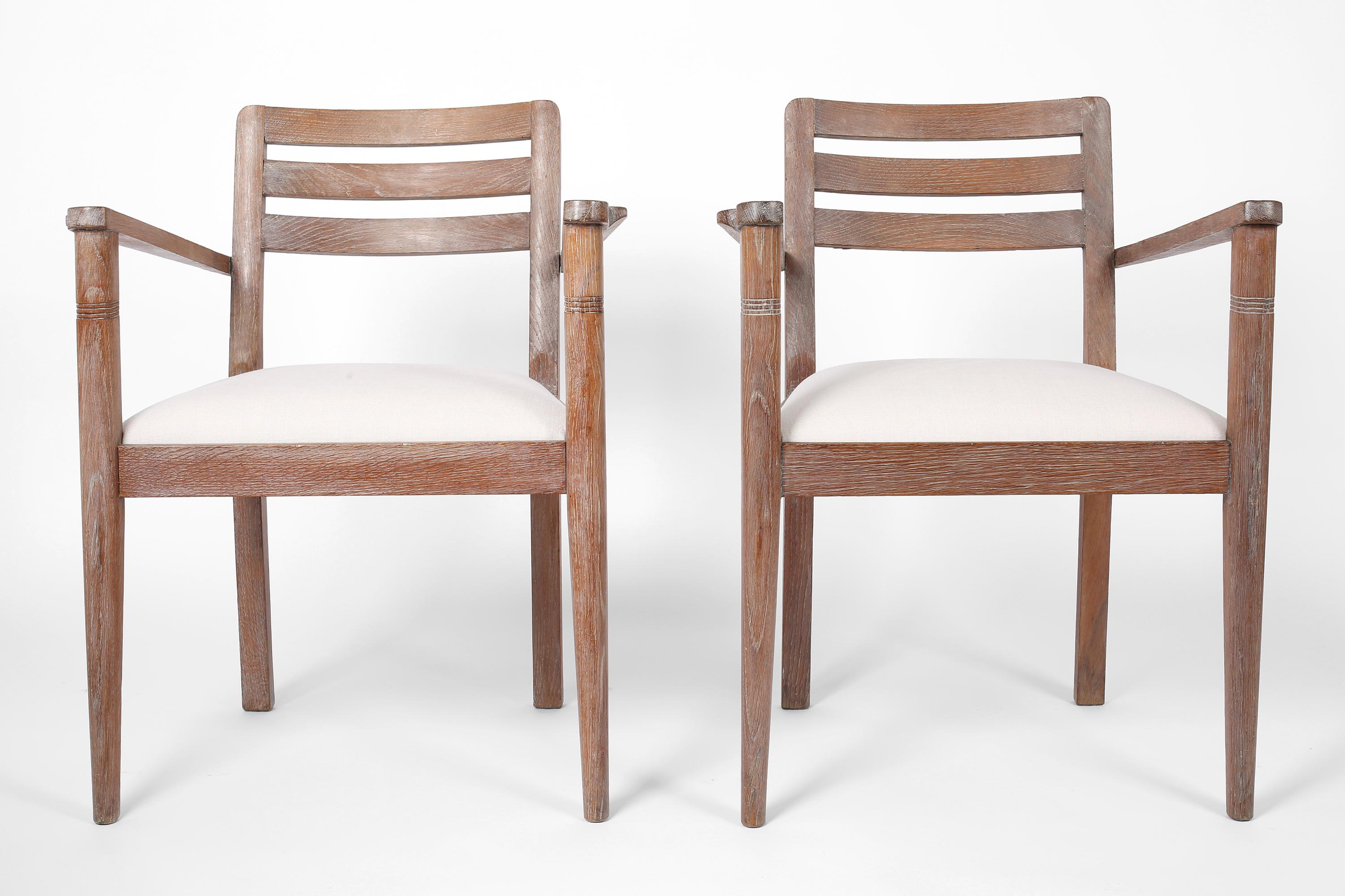 Pair of French Art Deco Limed Oak & Linen Armchairs, C. 1930s For Sale 6