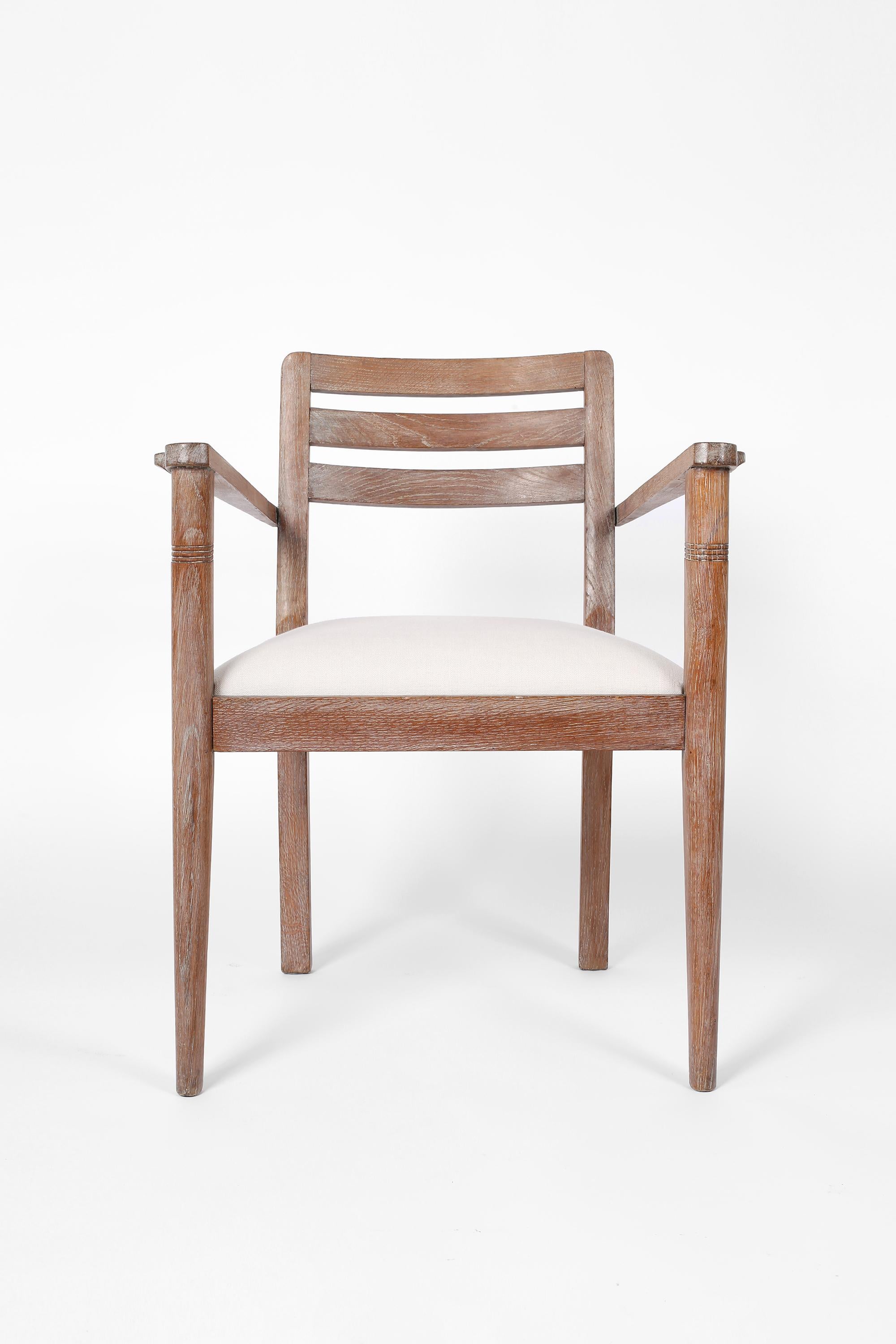Pair of French Art Deco Limed Oak & Linen Armchairs, C. 1930s In Good Condition For Sale In London, GB