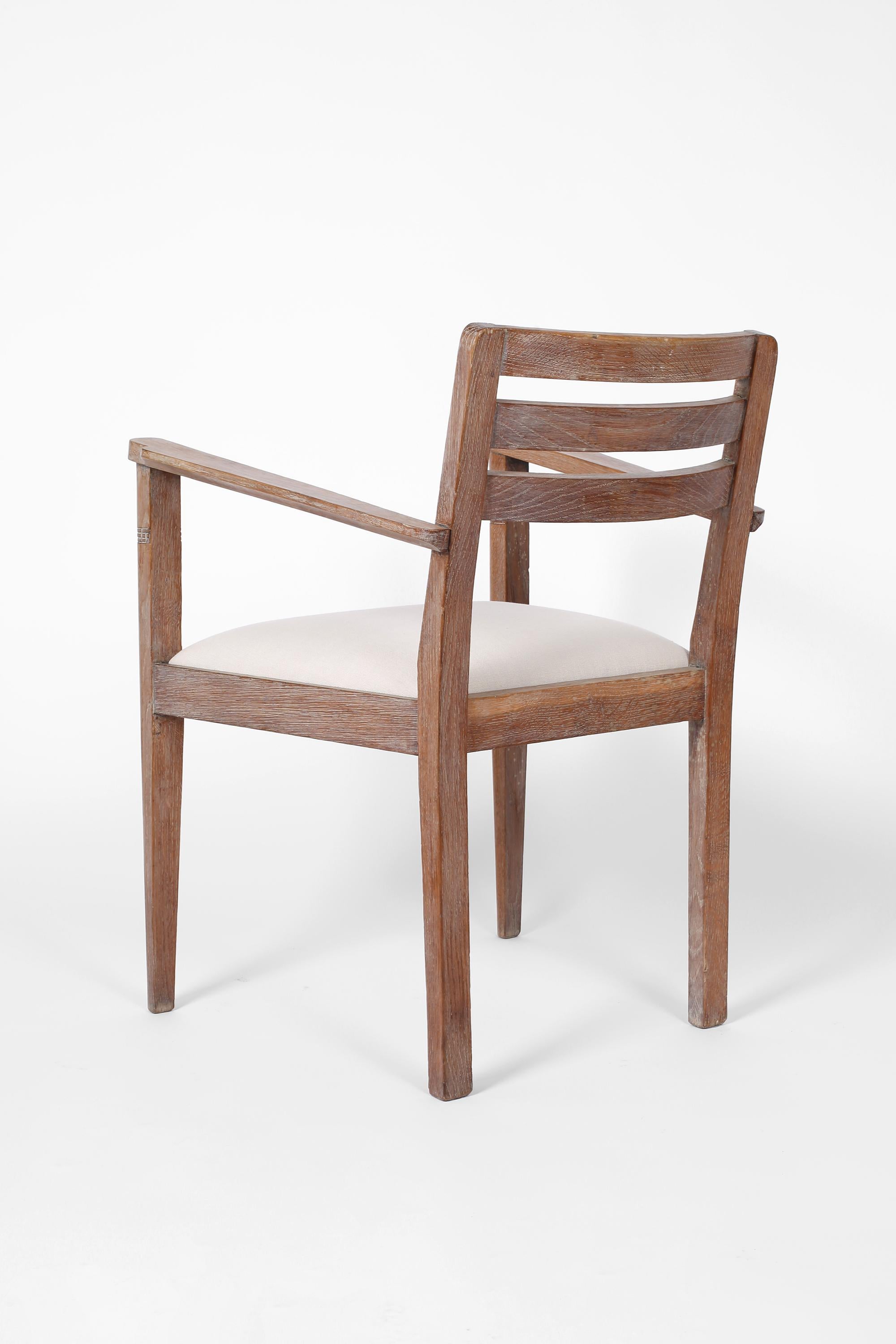 Pair of French Art Deco Limed Oak & Linen Armchairs, C. 1930s For Sale 1