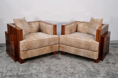 Pair of French Art Deco Lounge Chairs, Cubist Design, Zebrano & Walnut, 1930s