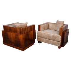 Pair of French Art Deco Lounge Chairs, Cubist Design, Zebrano & Walnut, 1930s