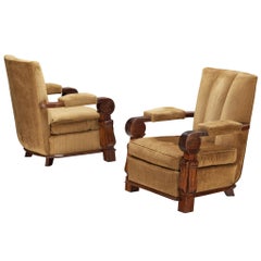 Pareja de Sillones Art Decó Franceses de Caoba y Tela Beige Dorado