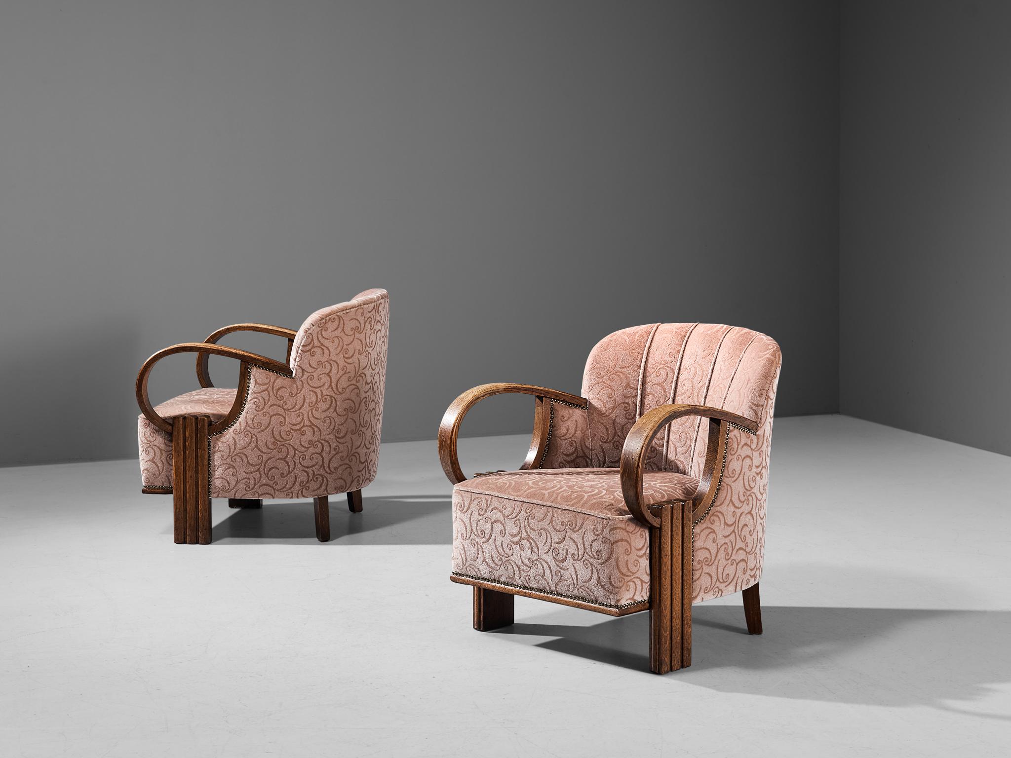 Metal Pair of French Art Deco Lounge Chairs in Pink Velvet and Oak