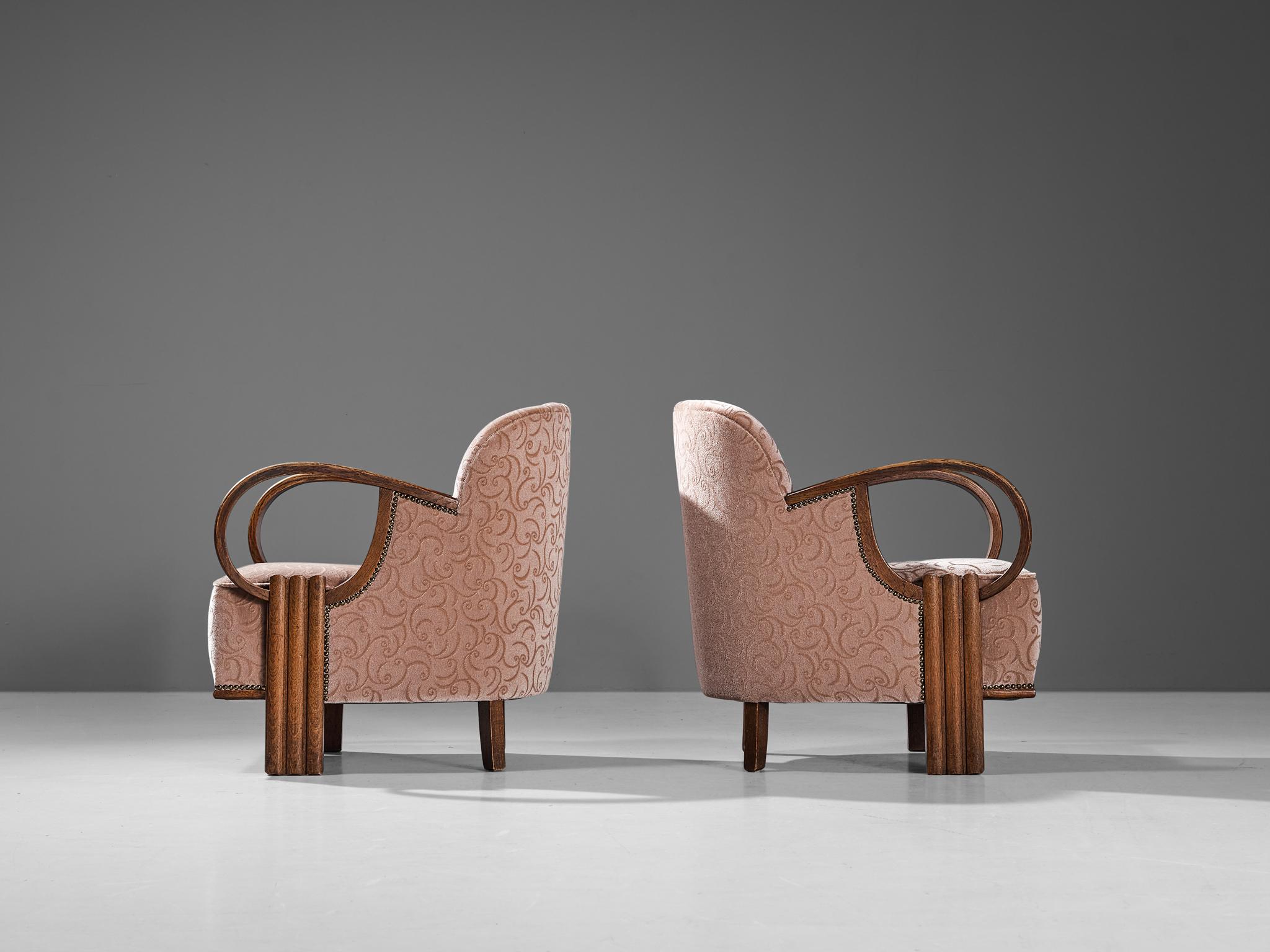 Pair of French Art Deco Lounge Chairs in Pink Velvet and Oak 3