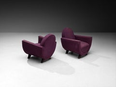 Pair of French Art Deco Lounge Chairs in Purple Fabric and Wooden Frames