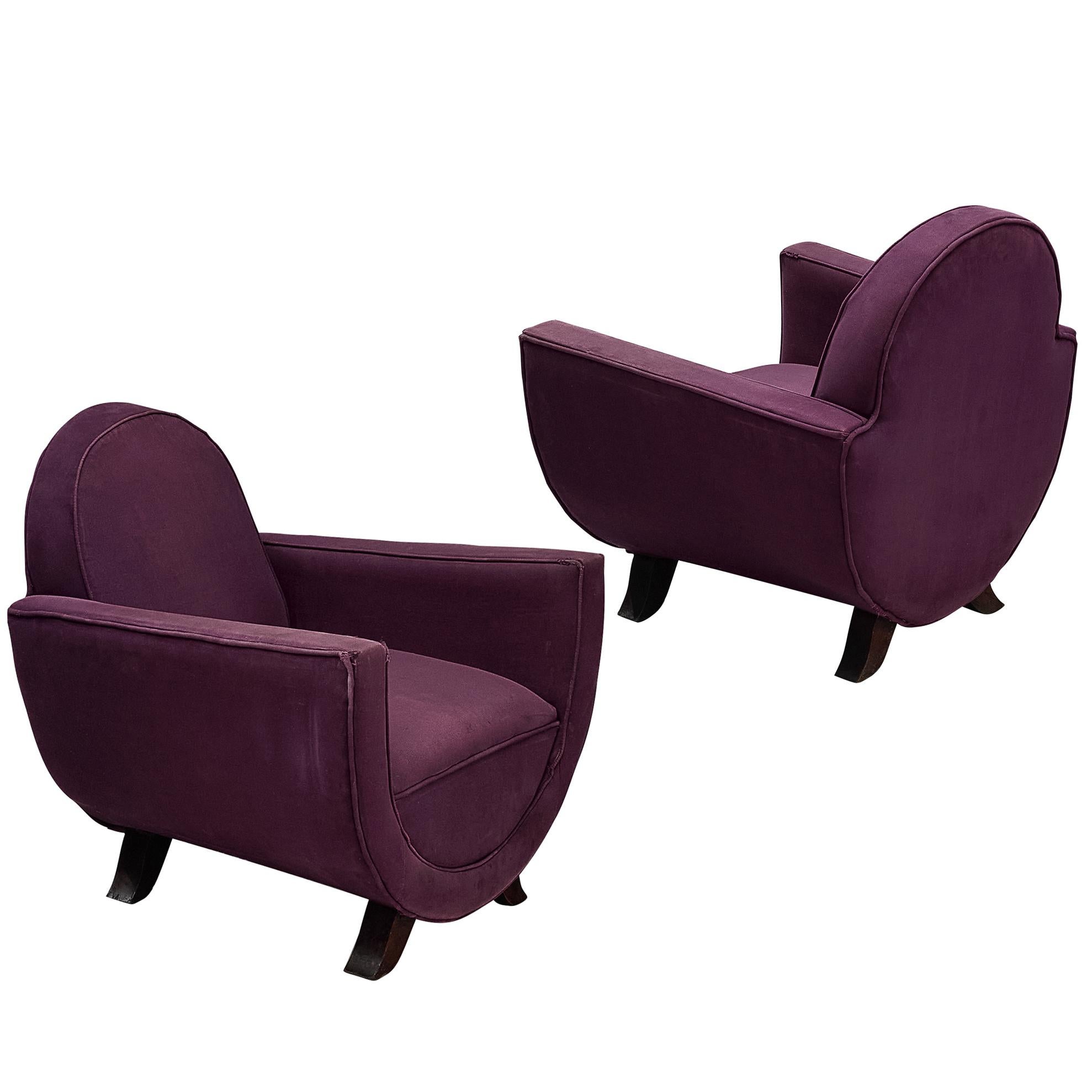 Pair of French Art Deco Lounge Chairs in Purple Fabric and Wooden Frames
