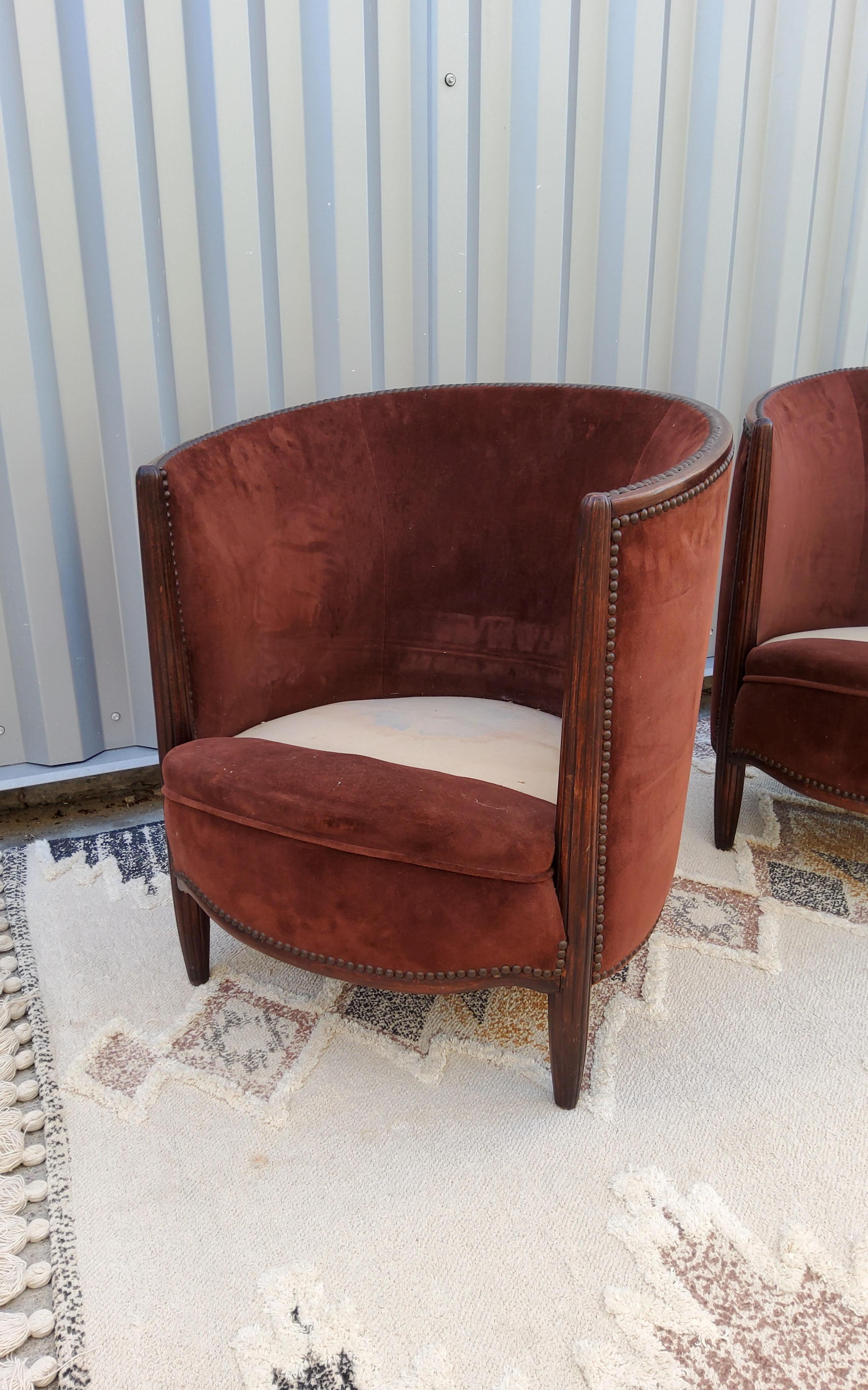 Woodwork Pair of French Art Deco Lounge Chairs in the style of Emile-Jaques Ruhlman For Sale