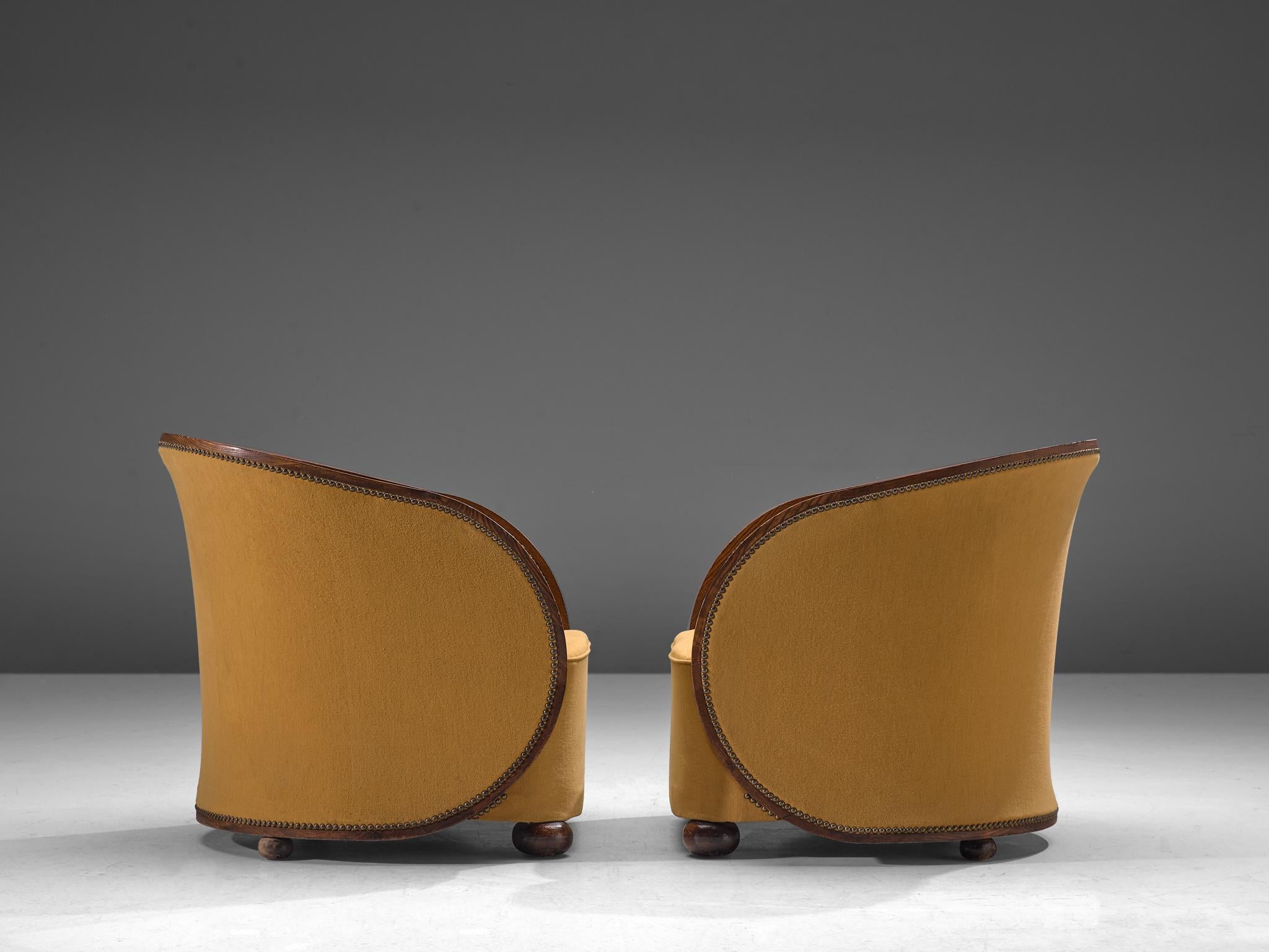 Fabric Pair of French Art Deco Lounge Chairs in Yellow Upholstery