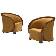 Pair of French Art Deco Lounge Chairs in Yellow Upholstery