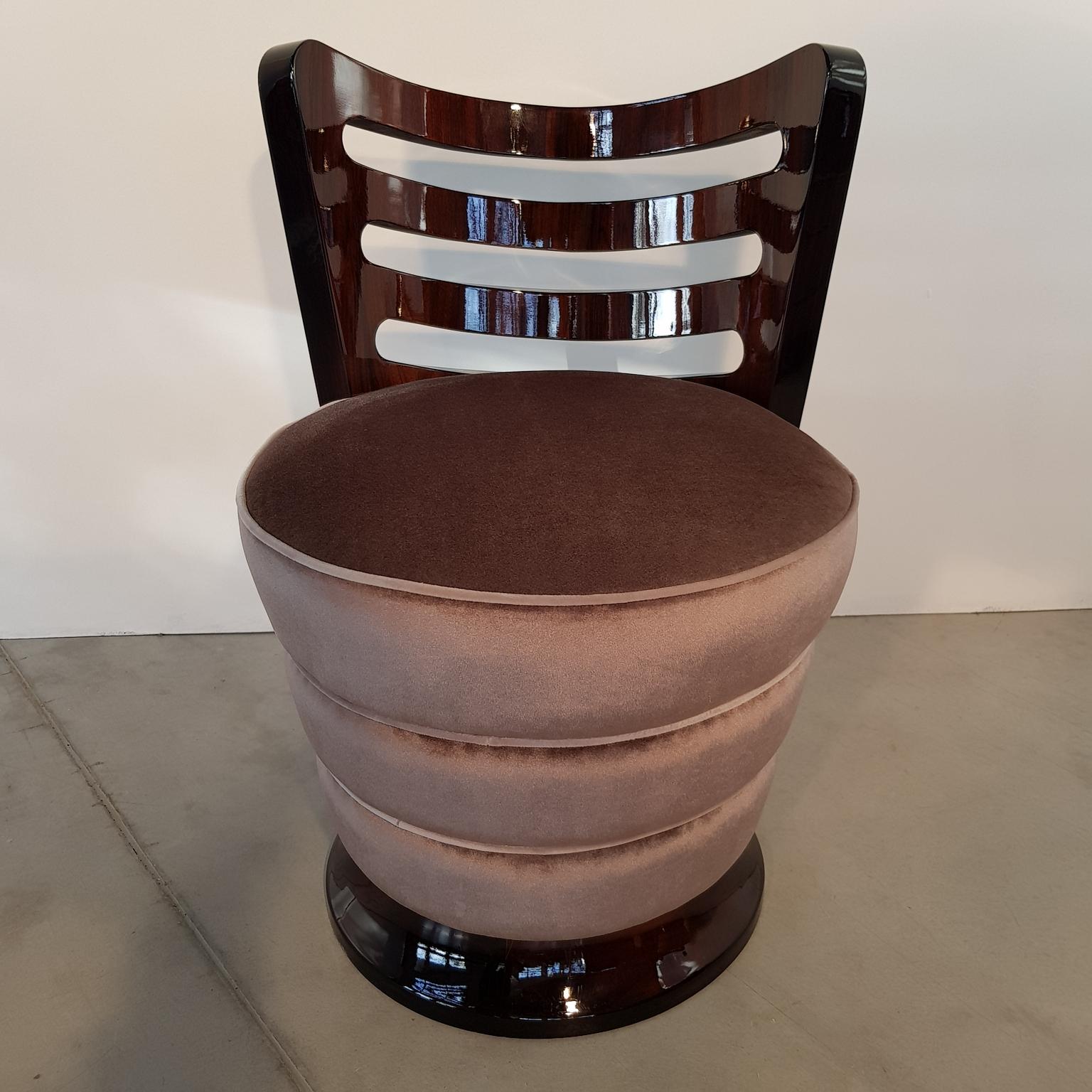 Amazing repaired pair of low stools with high-gloss walnut veneered backrest. Edges of backrest are black colored. Covered velvet-like upholstery. Made in France in Art Deco period.