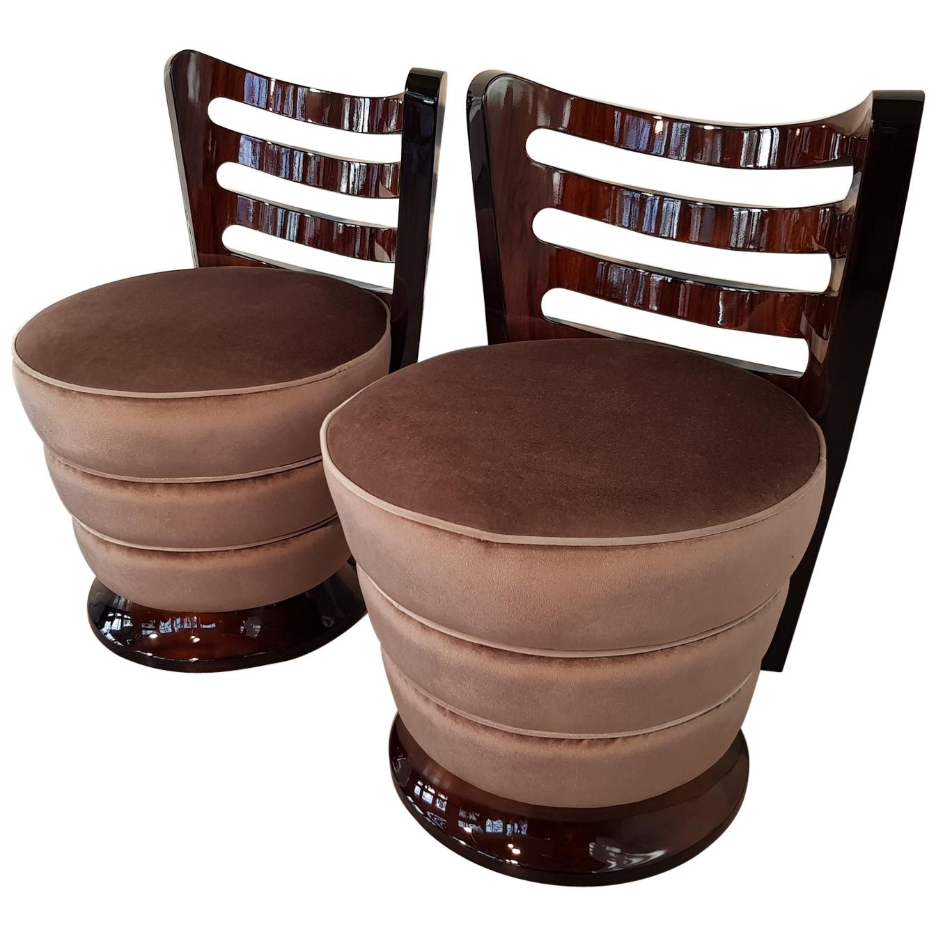 Pair of French Art Deco Low Stools with Walnut Gill Shape Backrest For Sale