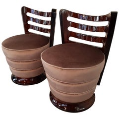 Pair of French Art Deco Low Stools with Walnut Gill Shape Backrest