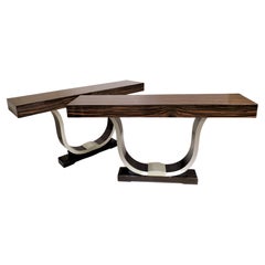 Pair of French Art Deco Macassar Ebony and Silver Leaf "U" Shaped Consoles