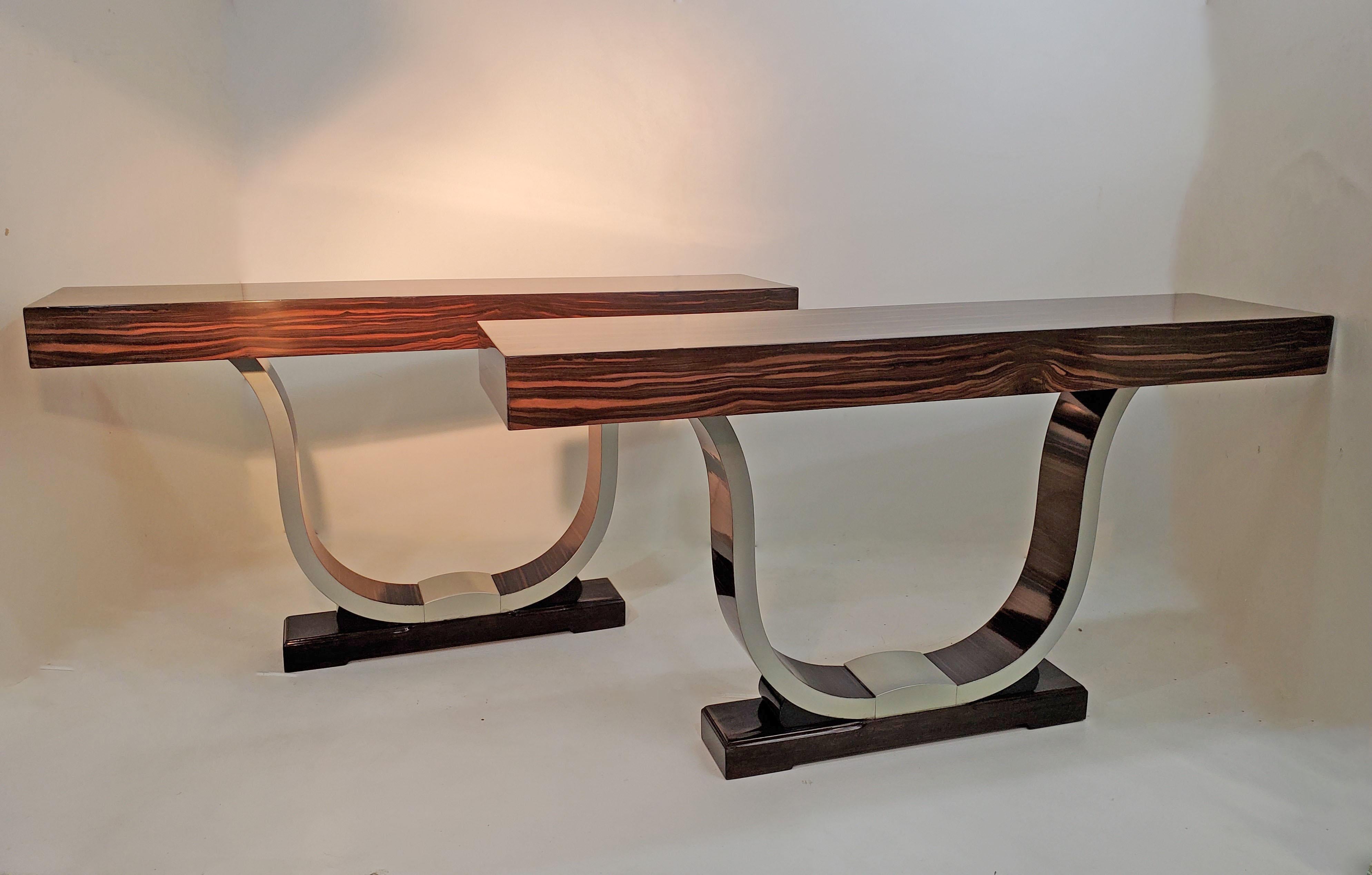 Pair of French Art Deco Macassar Ebony and Silver Leaf 
