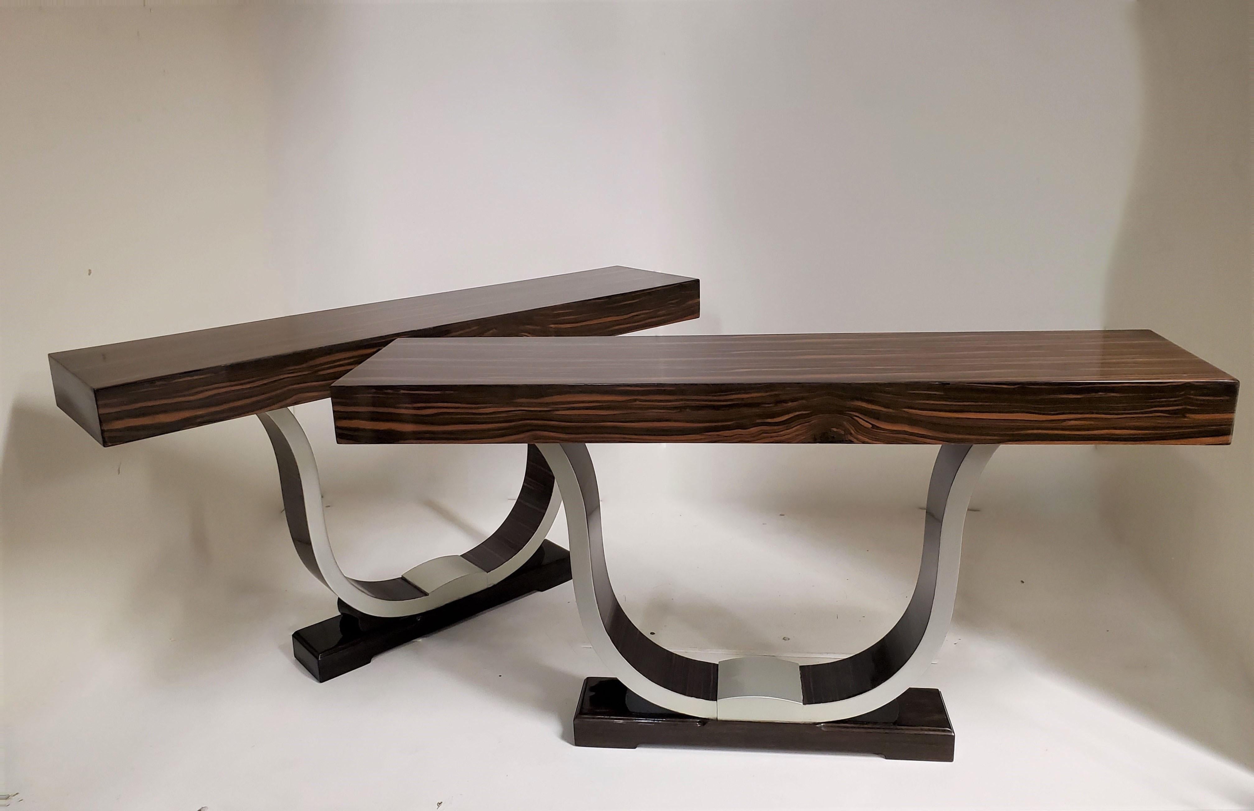 Pair of French Art Deco Macassar Ebony and Silver Leaf 