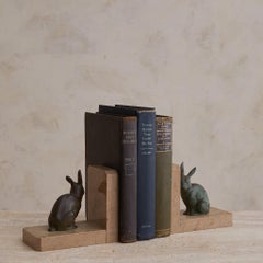 Pair of French Art Deco Marble + Bronze Rabbit Bookends, 1930s