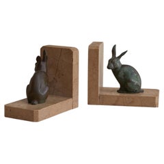 Pair of French Art Deco Marble + Bronze Rabbit Bookends, 1930s