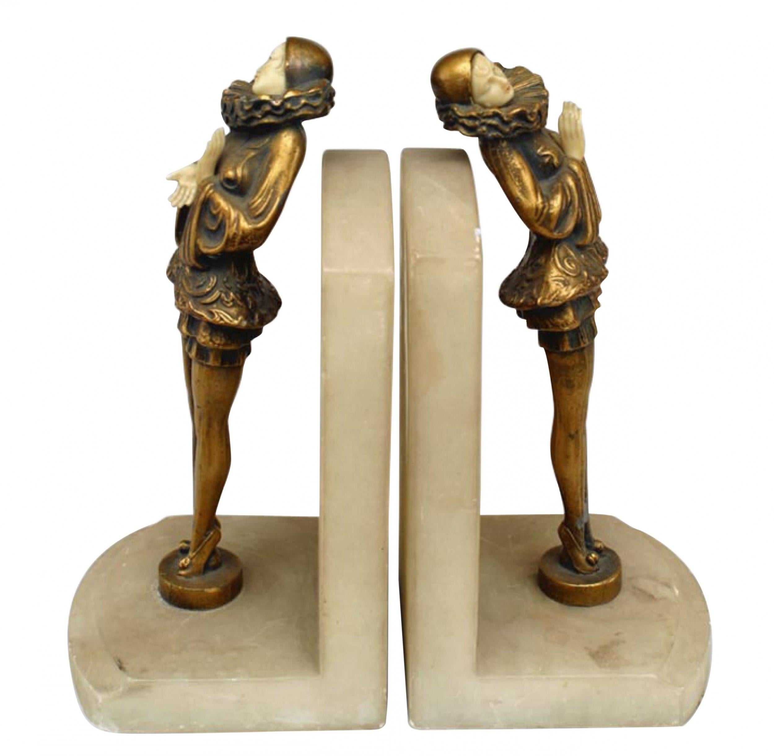 Gilt Pair of French Art Deco Marble Harlequin Bookends For Sale