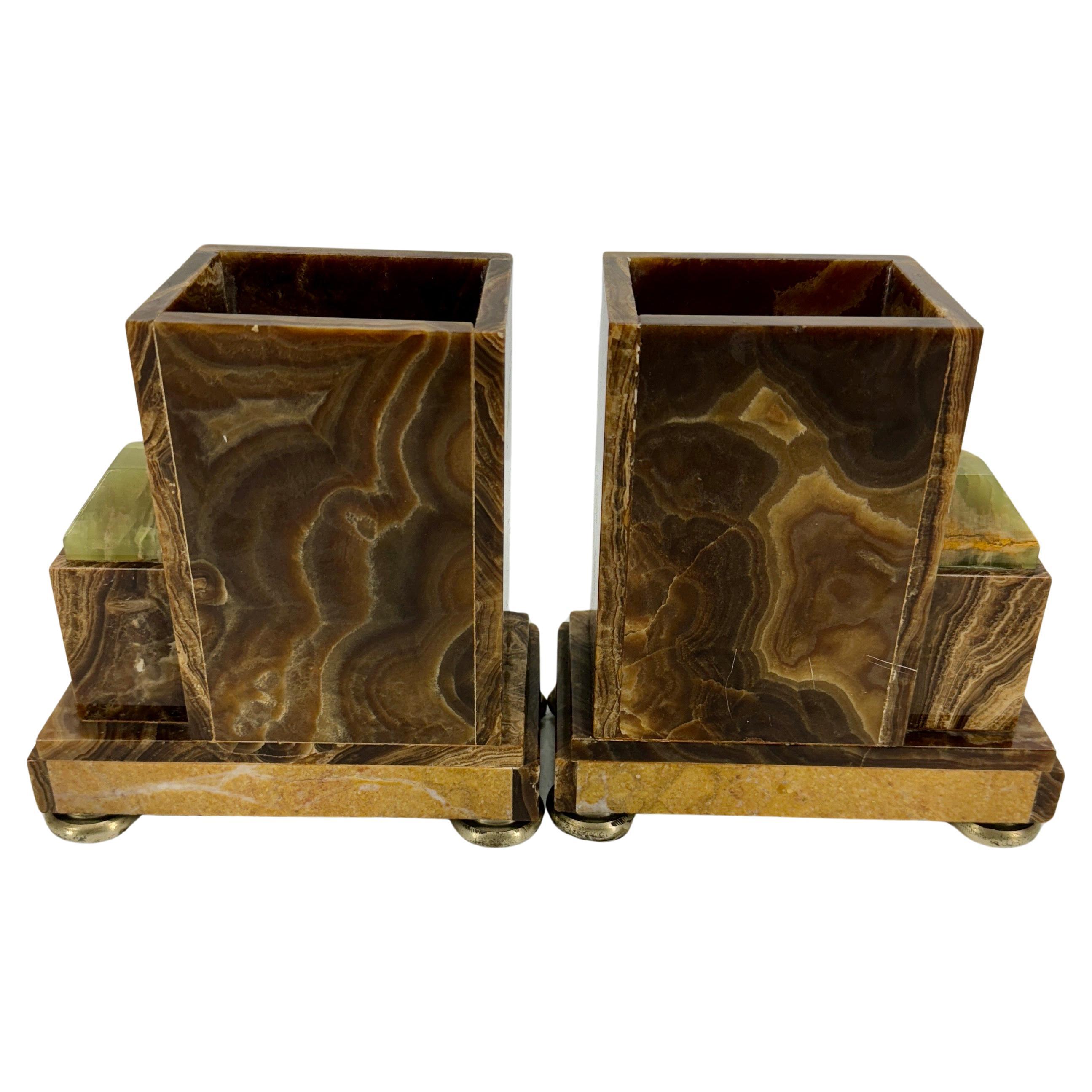 Pair of French Art Deco Marble Onyx Bookends Planters 3