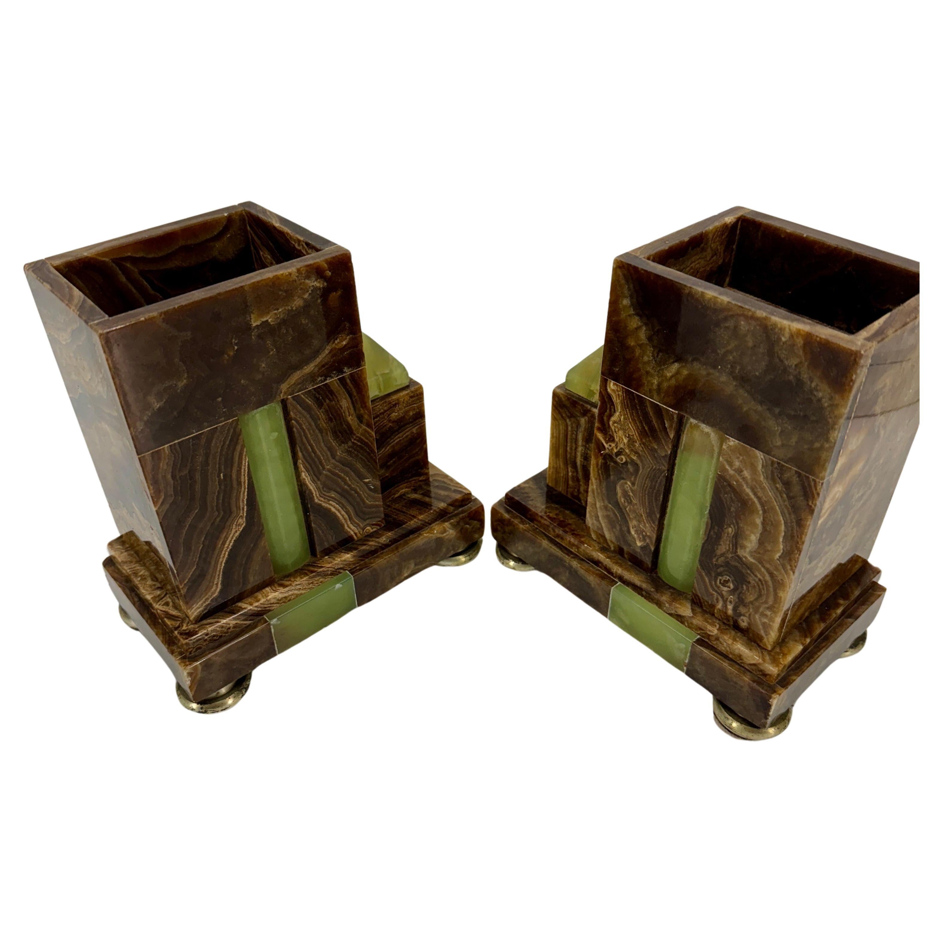 20th Century Pair of French Art Deco Marble Onyx Bookends Planters