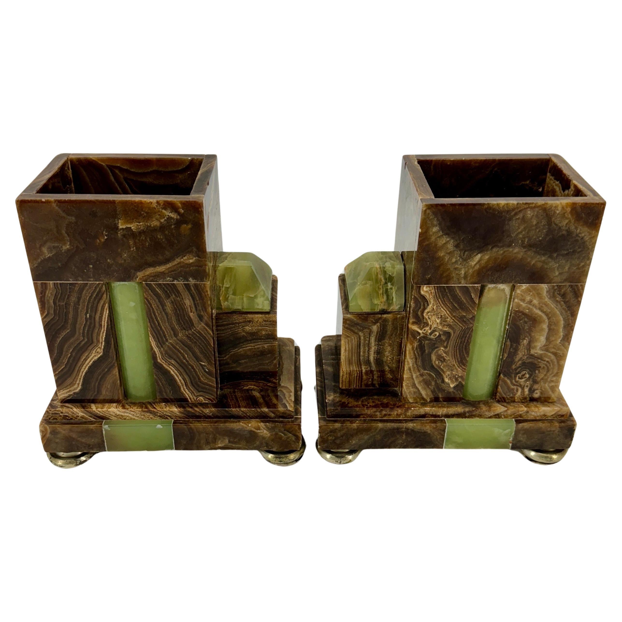 Pair of French Art Deco Marble Onyx Bookends Planters 2
