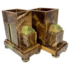 Pair of French Art Deco Marble Onyx Bookends Planters