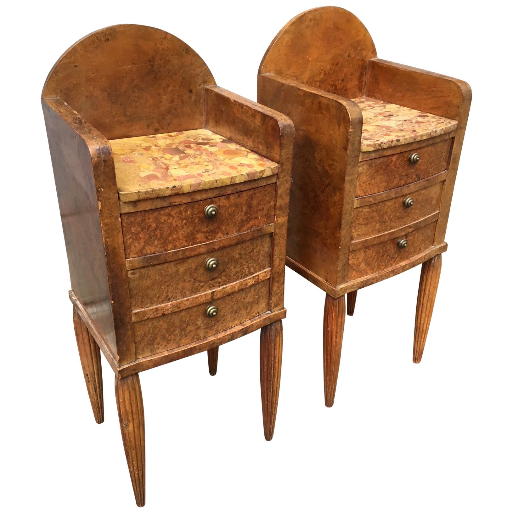 Pair of French Art Deco burl wood tables, circa 1930.
Each table has 3 drawers with original brass hardware.




 