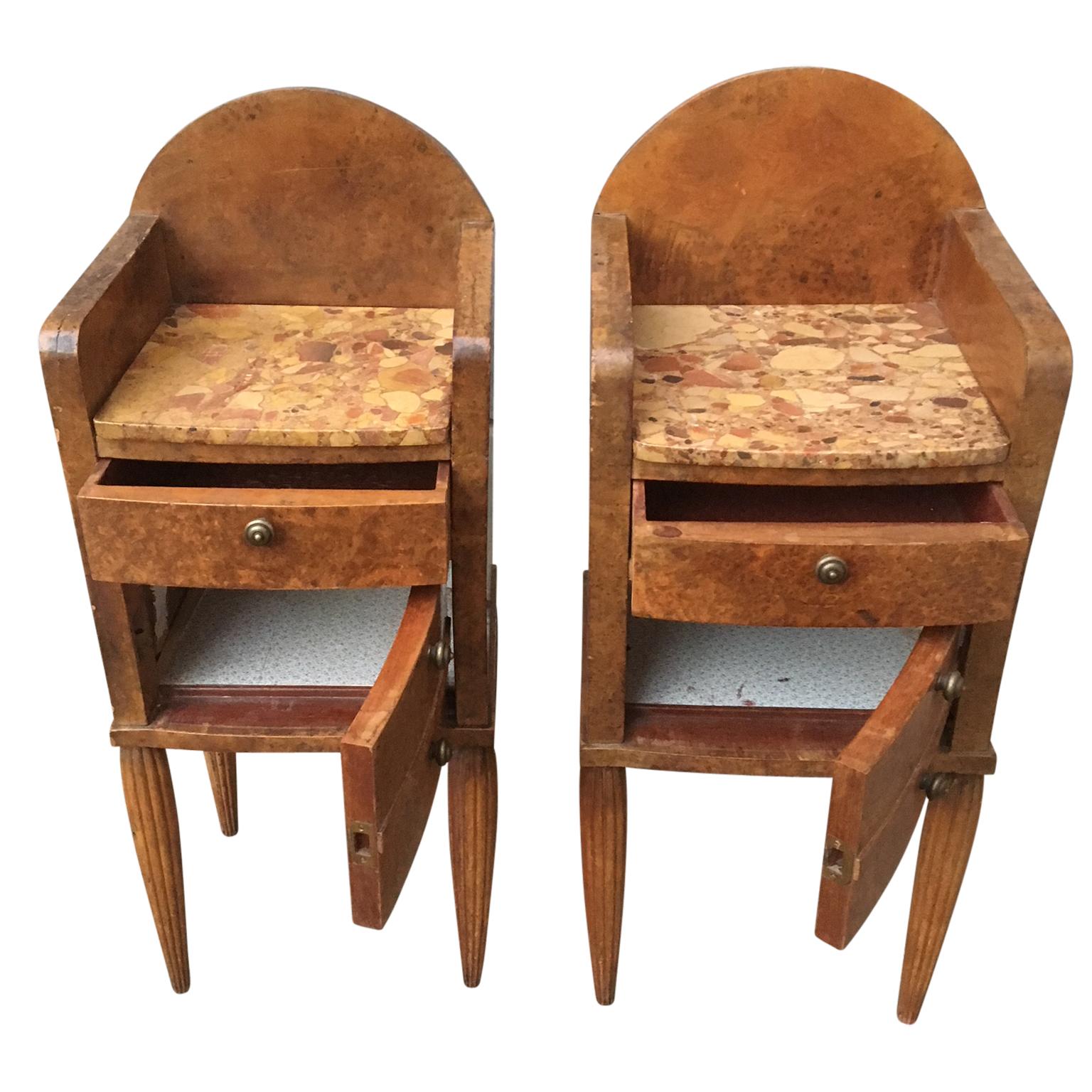 Pair Of French Art Deco Marble-Top And Burlwood Night Stands For Sale 1
