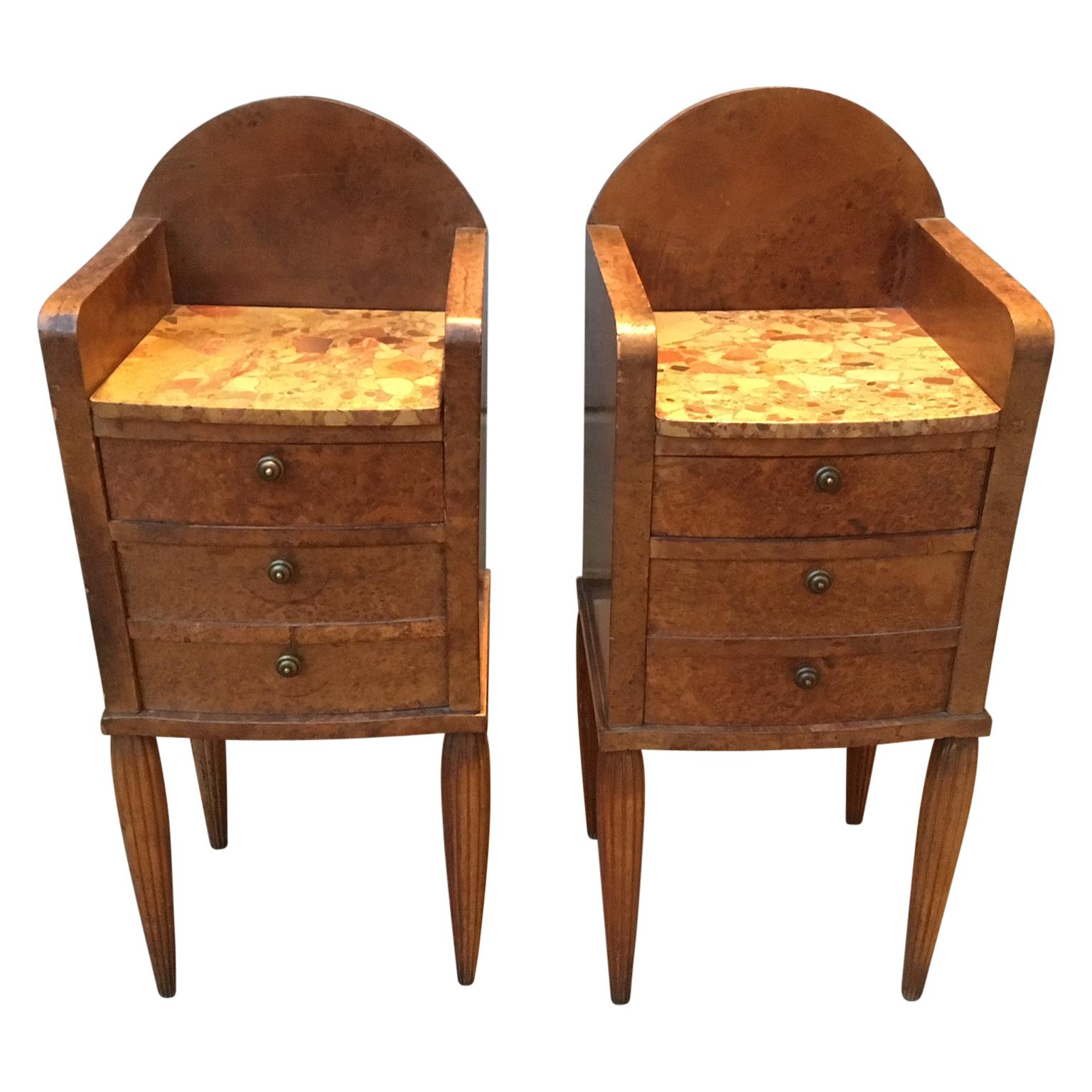 Pair Of French Art Deco Marble-Top And Burlwood Night Stands For Sale 3