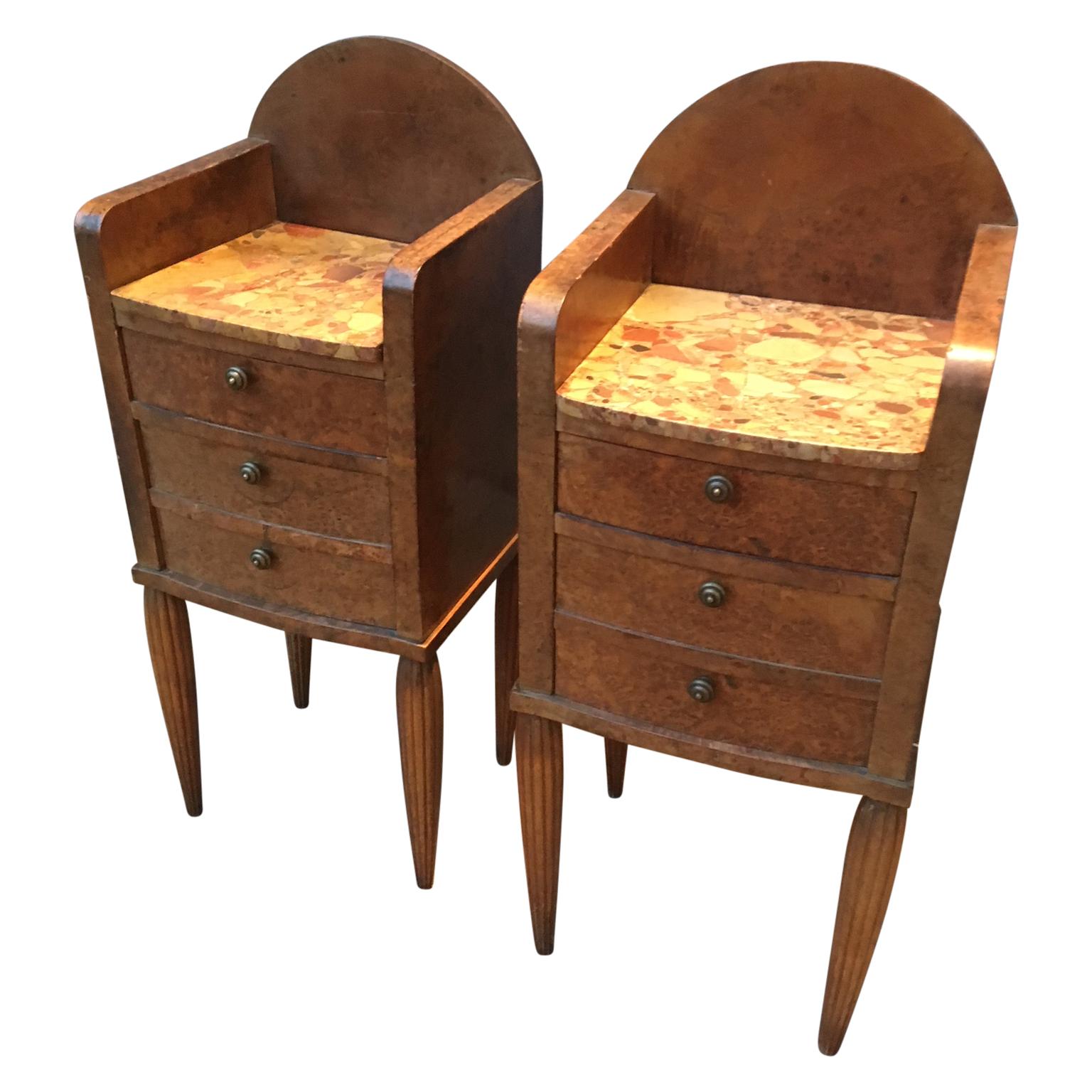 Pair Of French Art Deco Marble-Top And Burlwood Night Stands For Sale 4