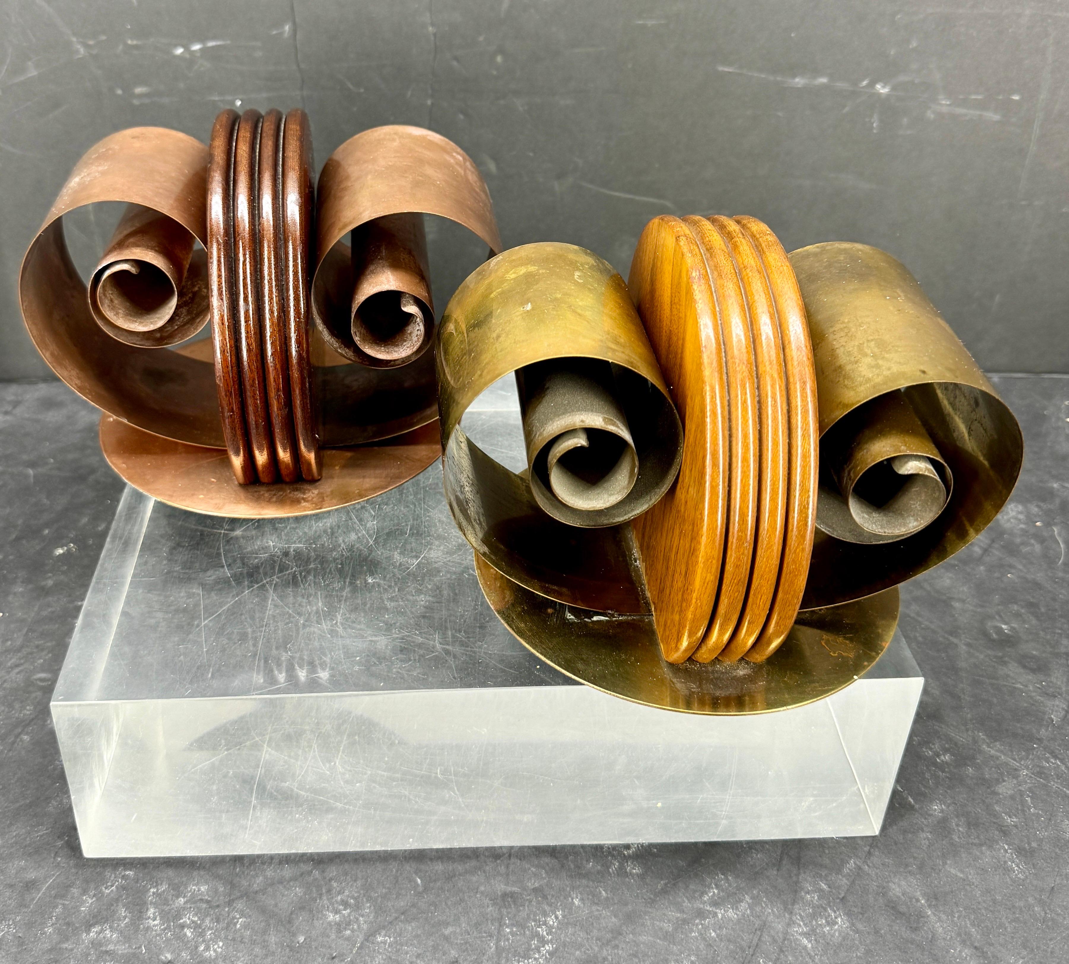 Mid-Century Modern Pair of French Art Deco Metal and Wood Sculptural Bookends For Sale