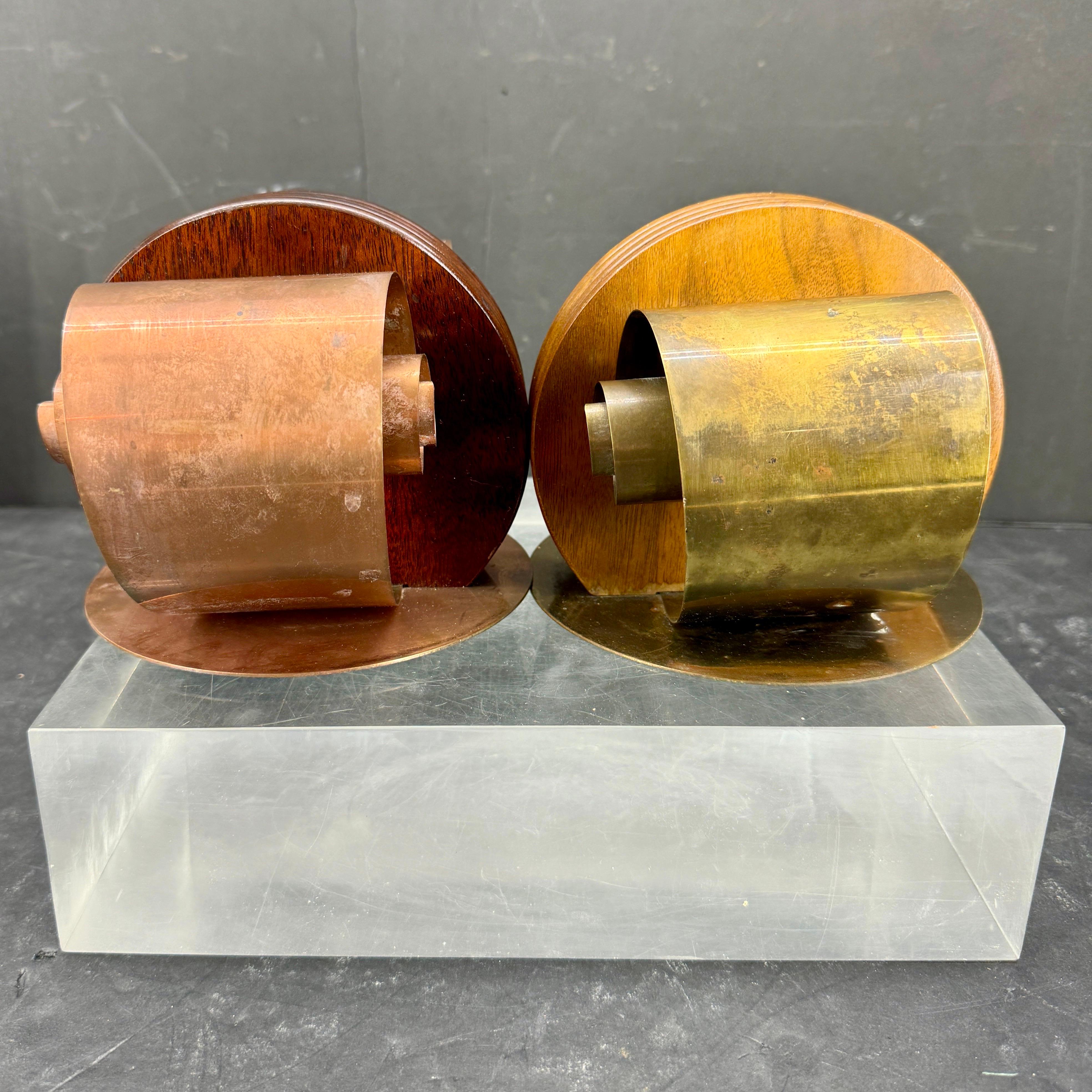 Hand-Crafted Pair of French Art Deco Metal and Wood Sculptural Bookends For Sale
