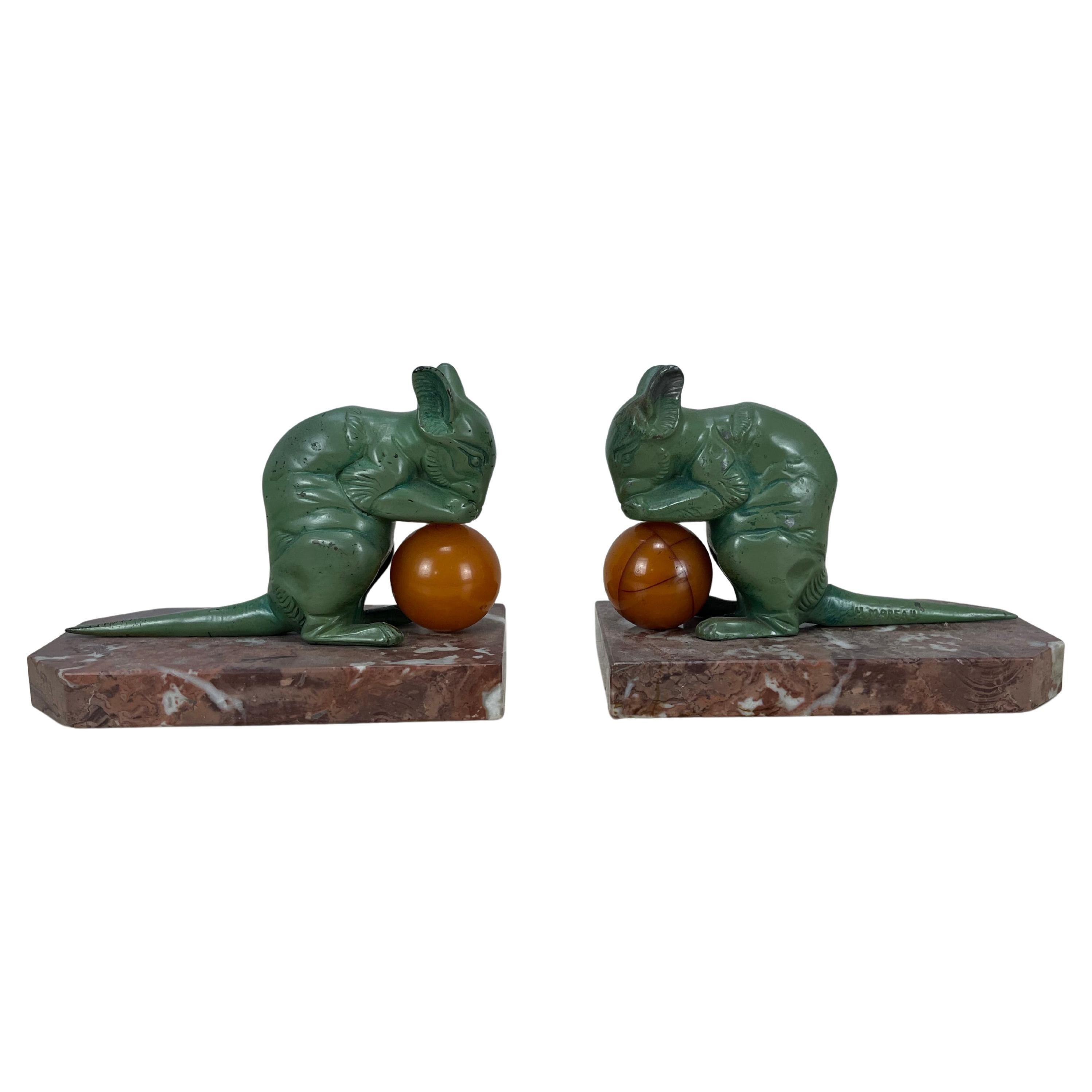 Pair of French Art Deco mice Bookends by H. Moreau